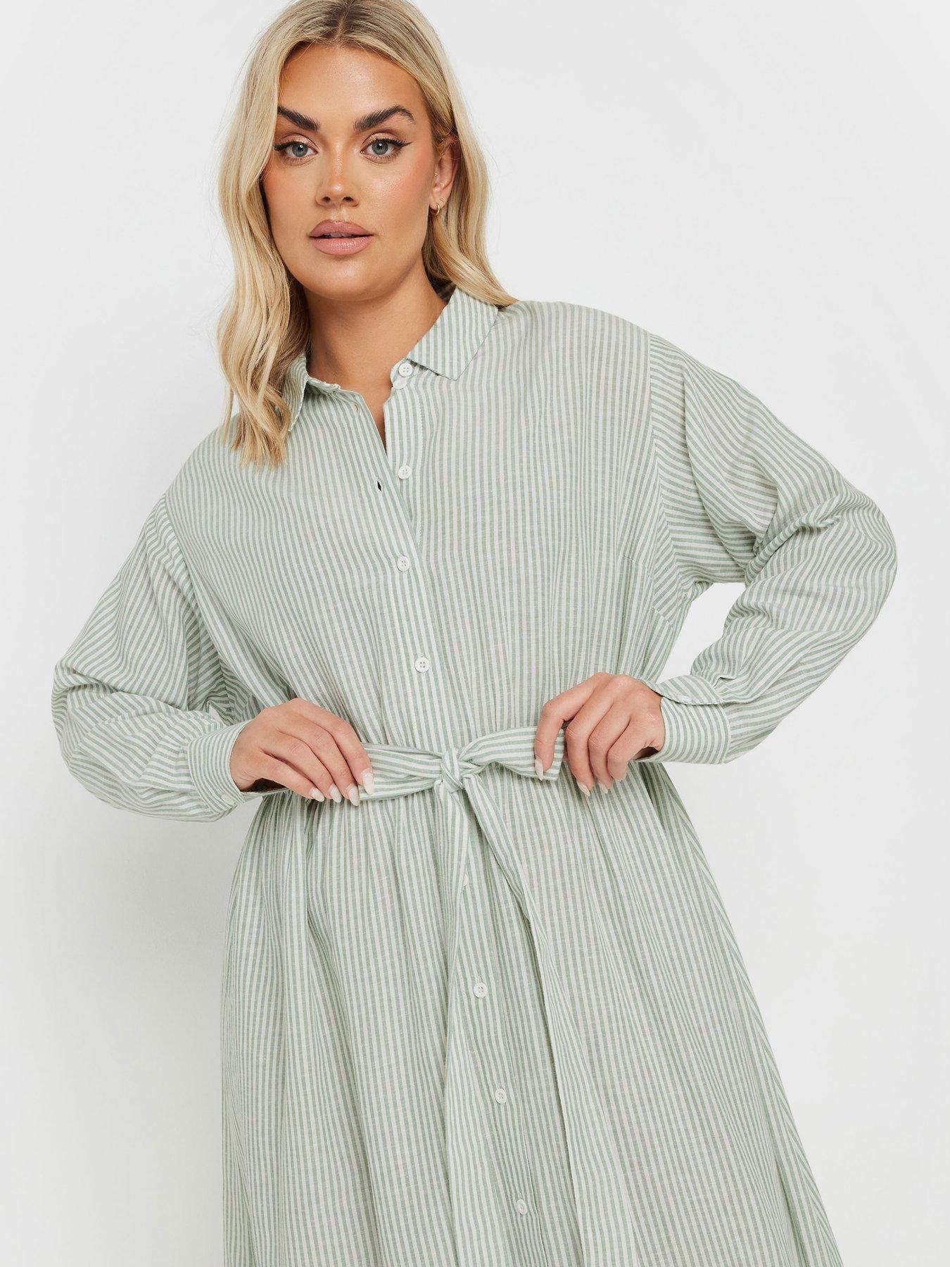Image 4 of 4 of Yours Curve Long Sleeve Linen Stripe Shirt Dress - Green
