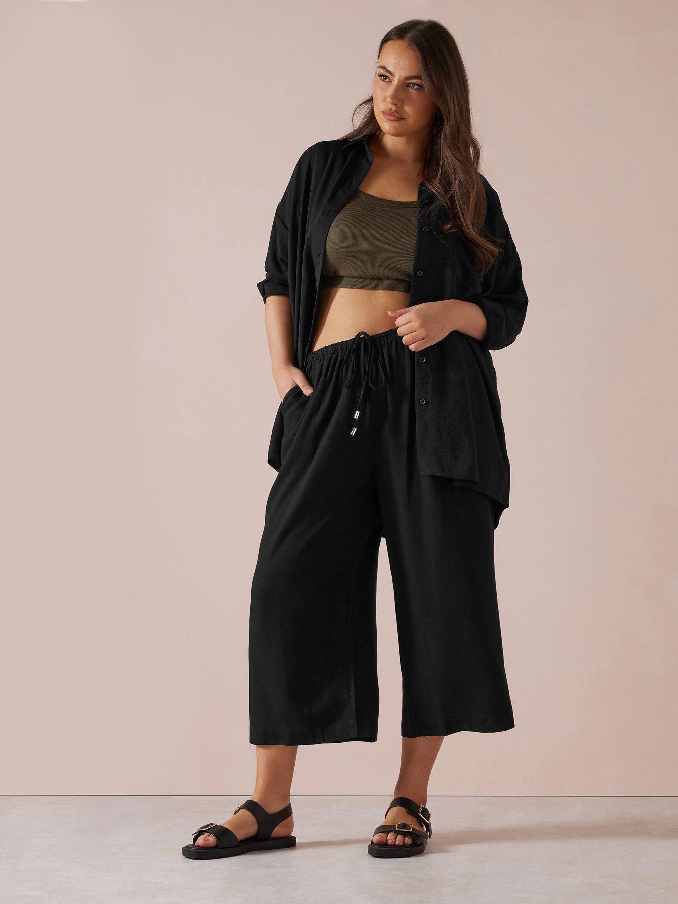 Yours Curve Linen Cropped Wide Leg Skinny Waist Trousers
