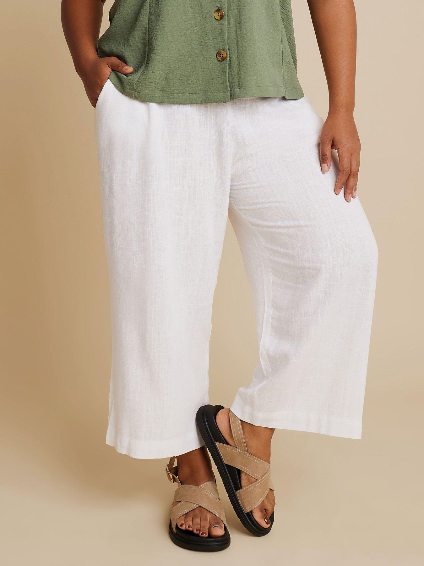 Image 1 of 4 of Yours Curve Linen Cropped Pull On Wide Leg Trousers