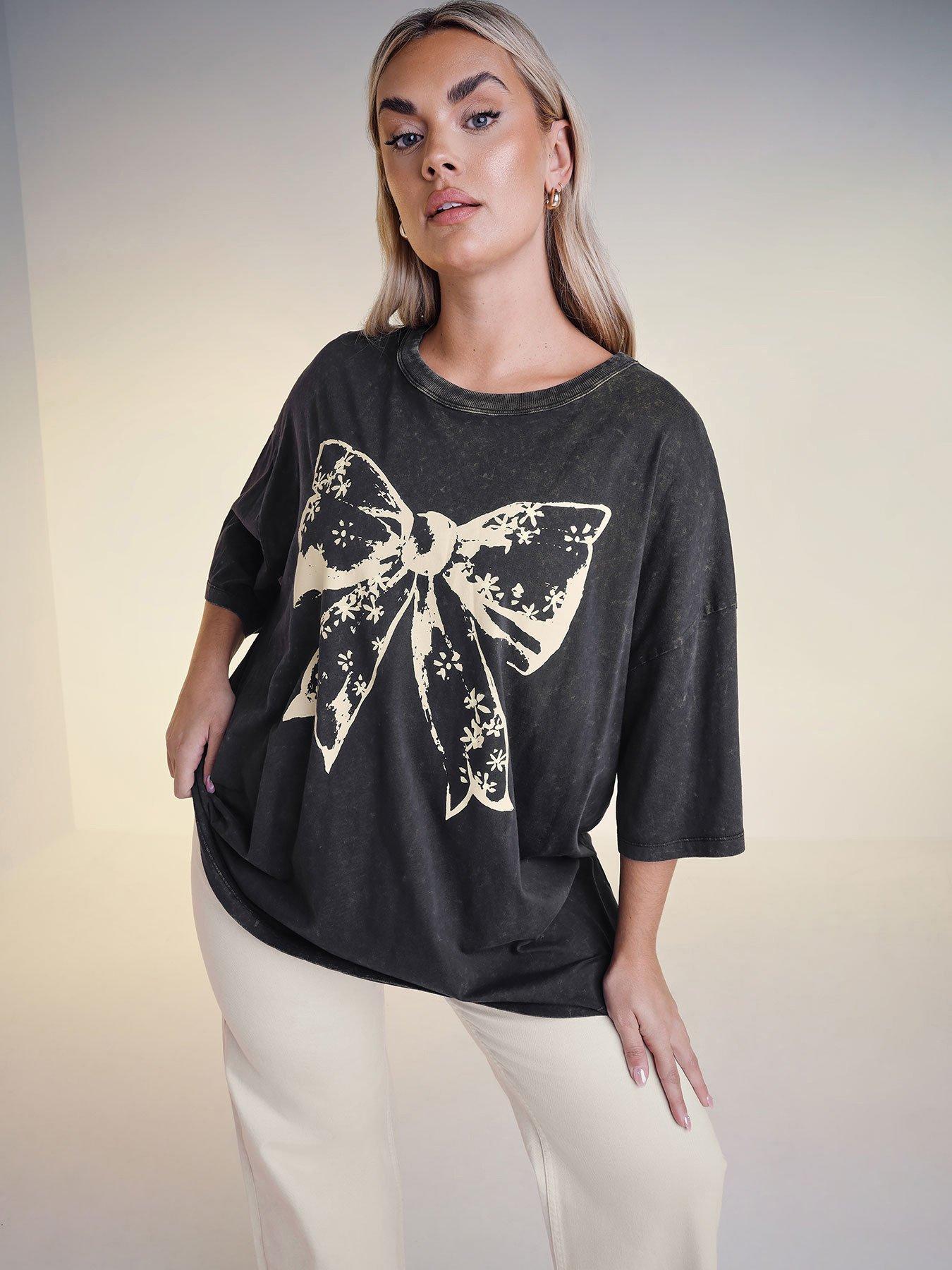 undefined Curve Daisy Bow Acid Wash Boxy T-Shirt - Grey