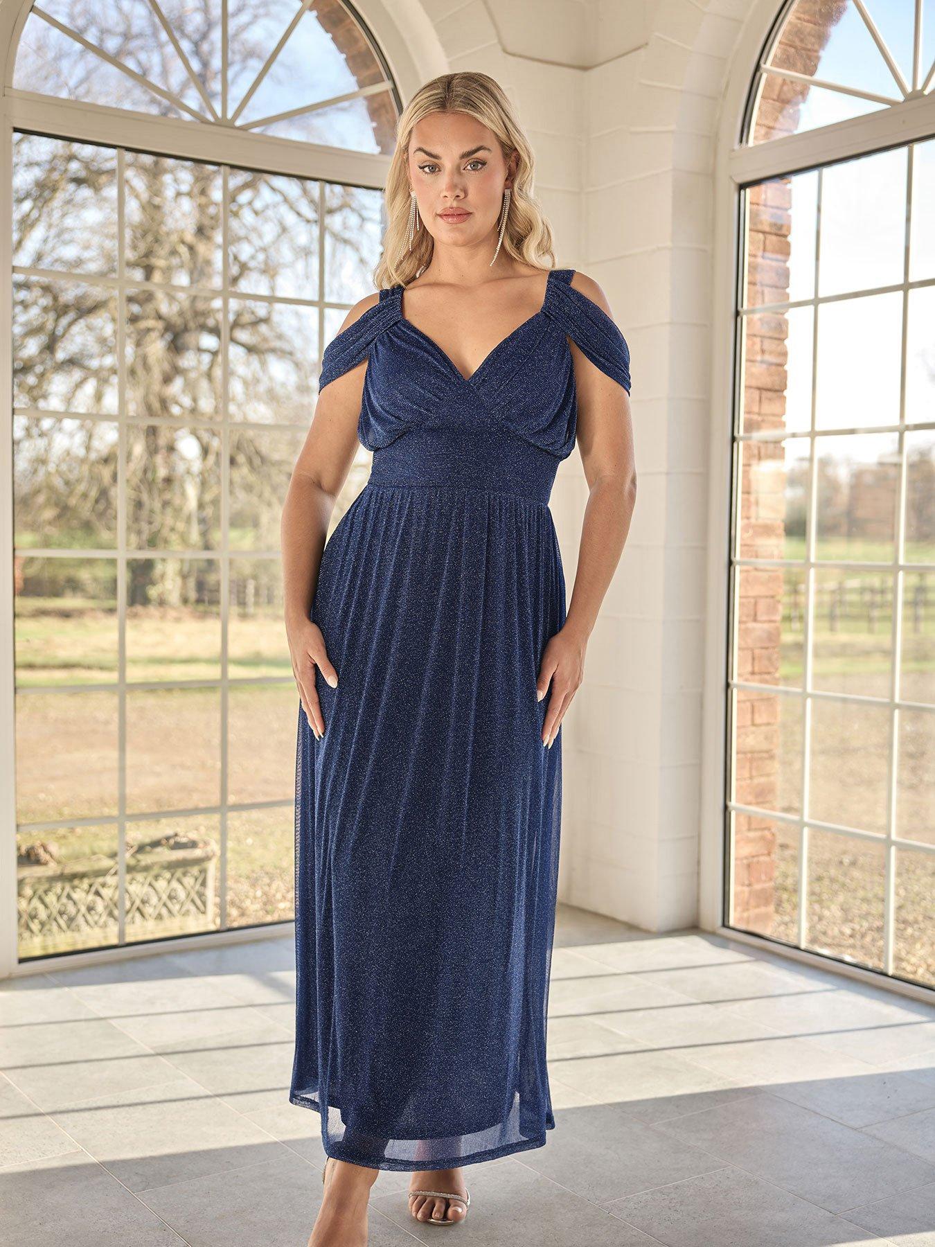 Image 1 of 4 of Yours Curve Metallic Mesh Cold Shoulder Dress - Blue