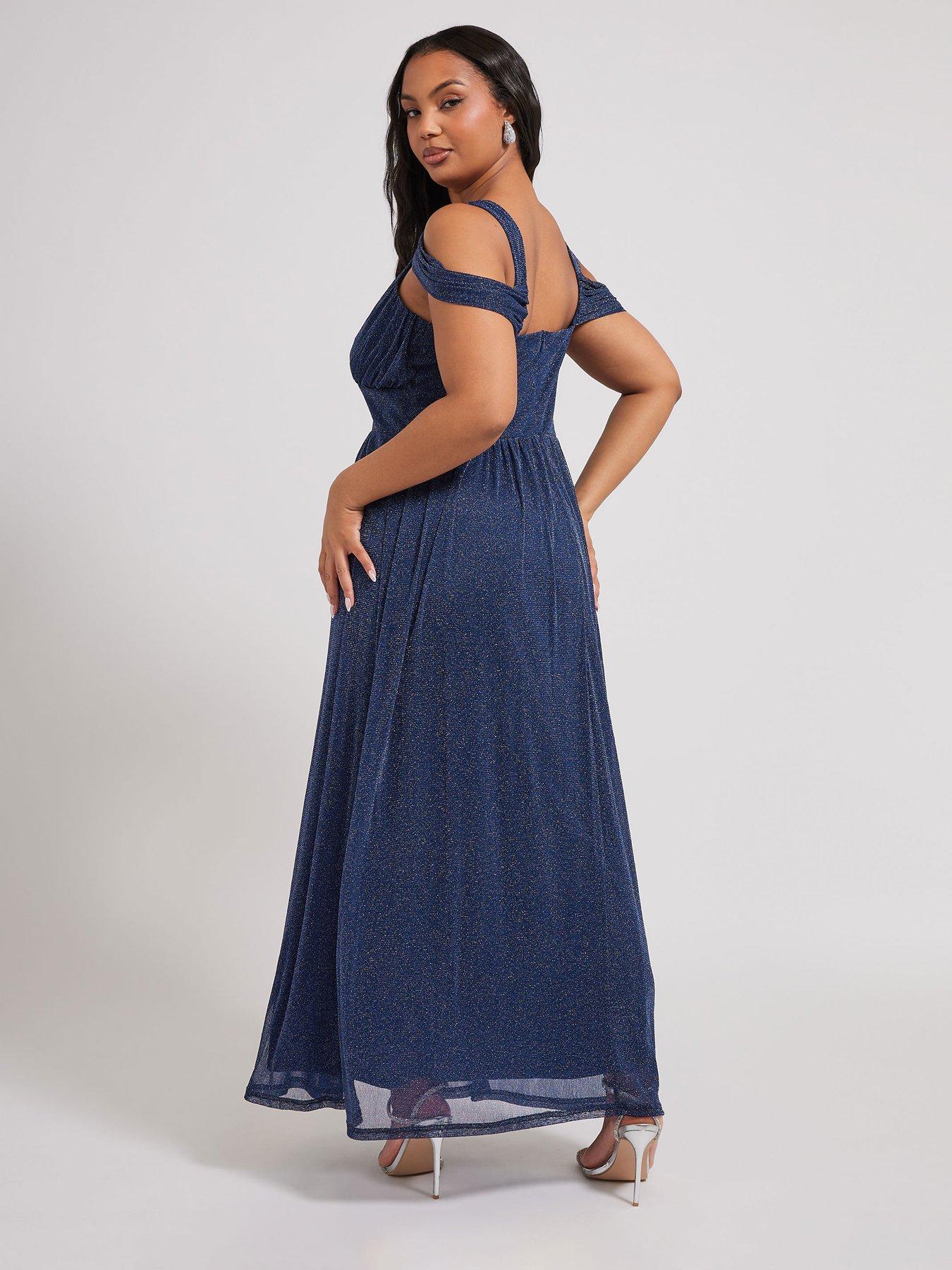 Image 2 of 4 of Yours Curve Metallic Mesh Cold Shoulder Dress - Blue