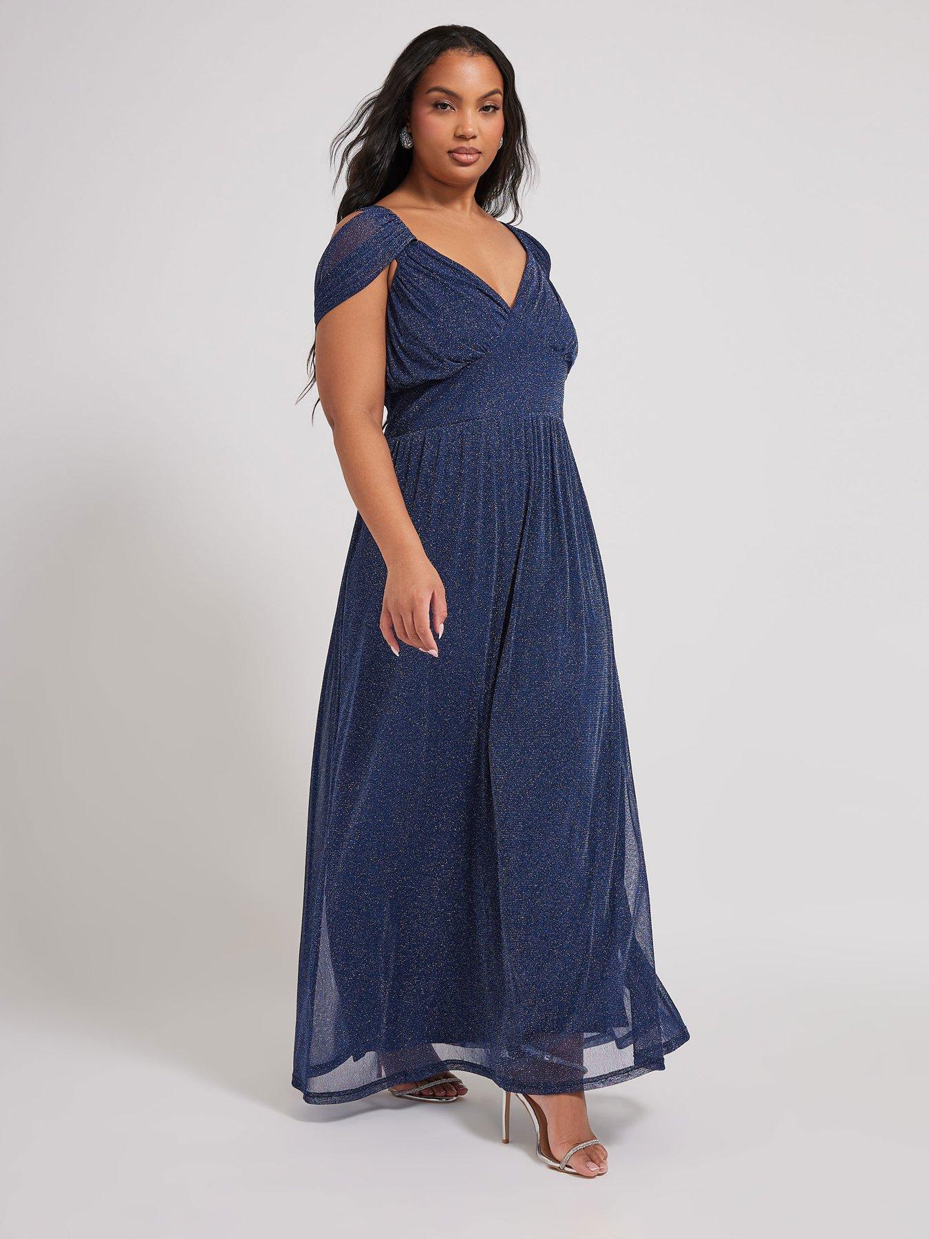 Image 3 of 4 of Yours Curve Metallic Mesh Cold Shoulder Dress - Blue