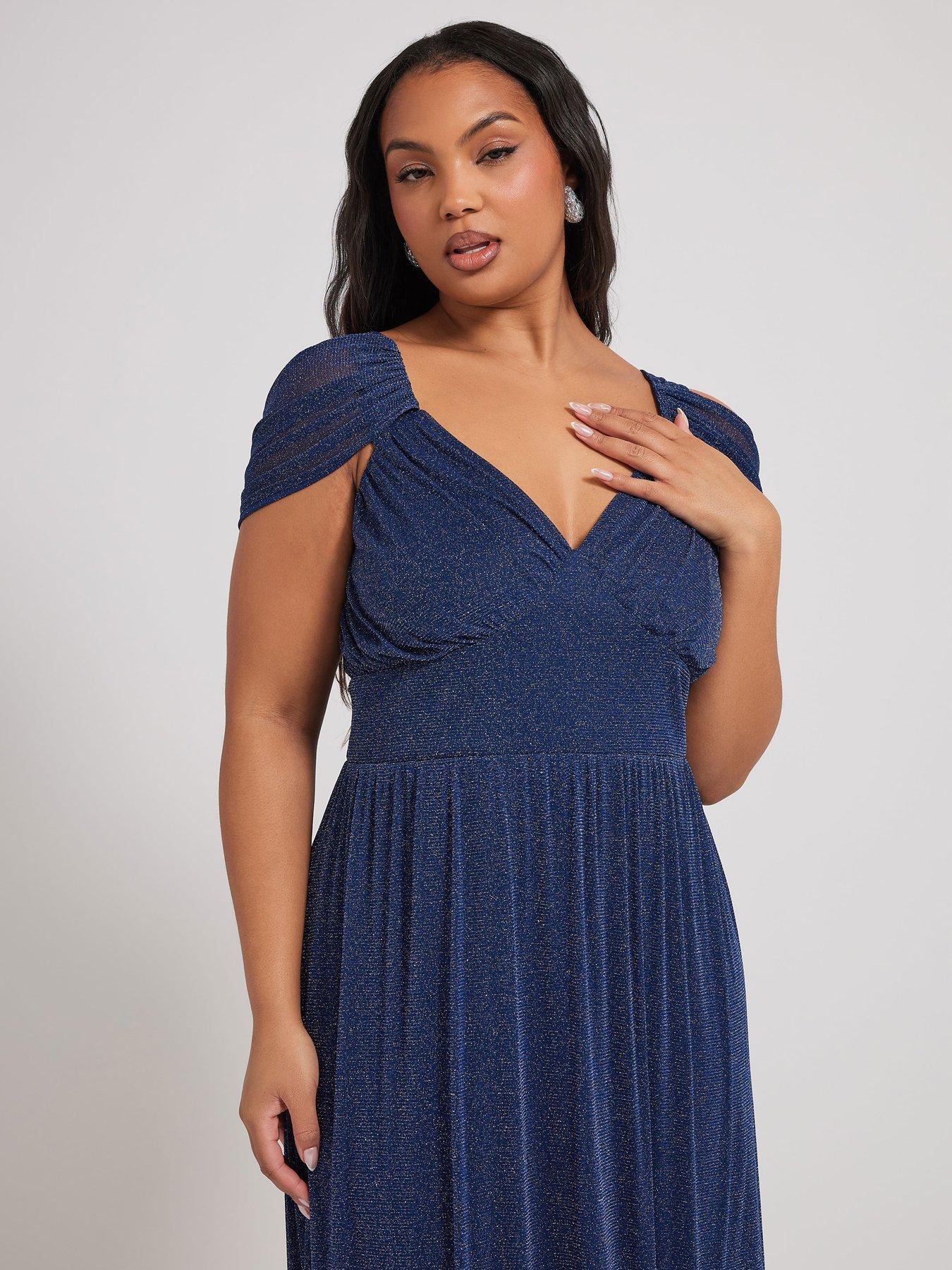 Image 4 of 4 of Yours Curve Metallic Mesh Cold Shoulder Dress - Blue