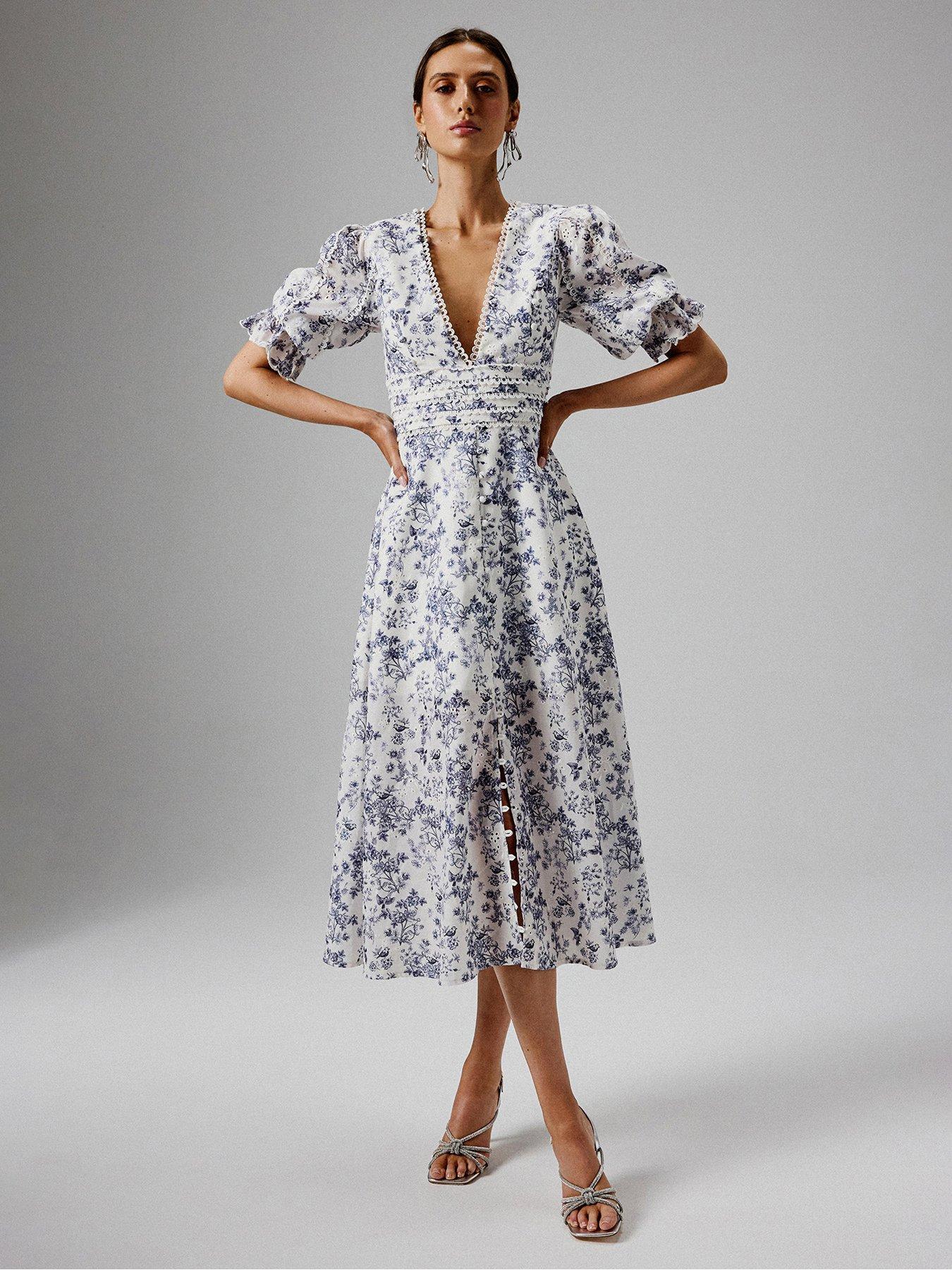 undefined Micro Button And Loop Detail Long Midi Dress - Blue