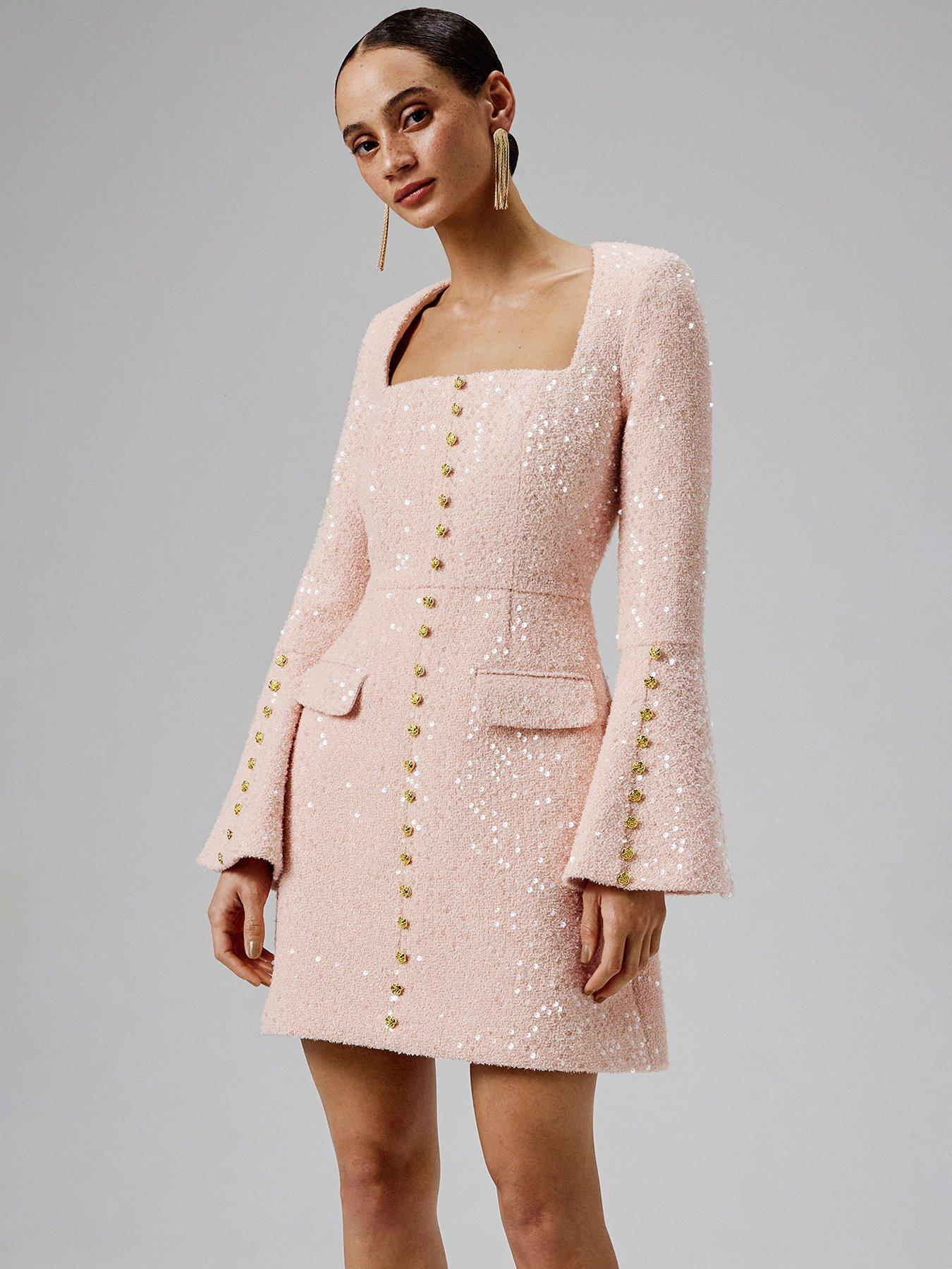 undefined Sequin Boucle Fluted Sleeve Mini Dress- Pink