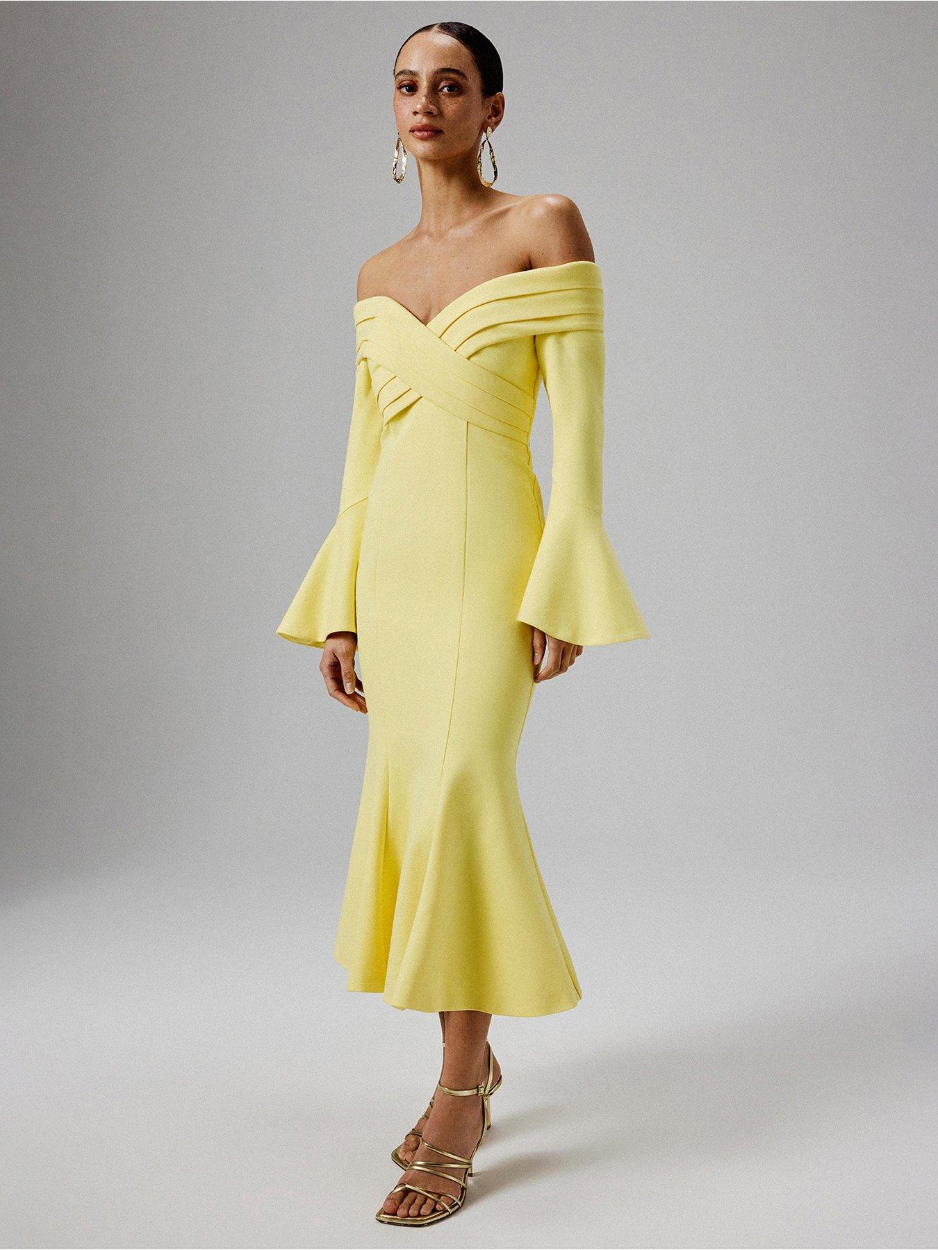 undefined Off Shoulder Fit And Flare Long Midi Dress - Yellow
