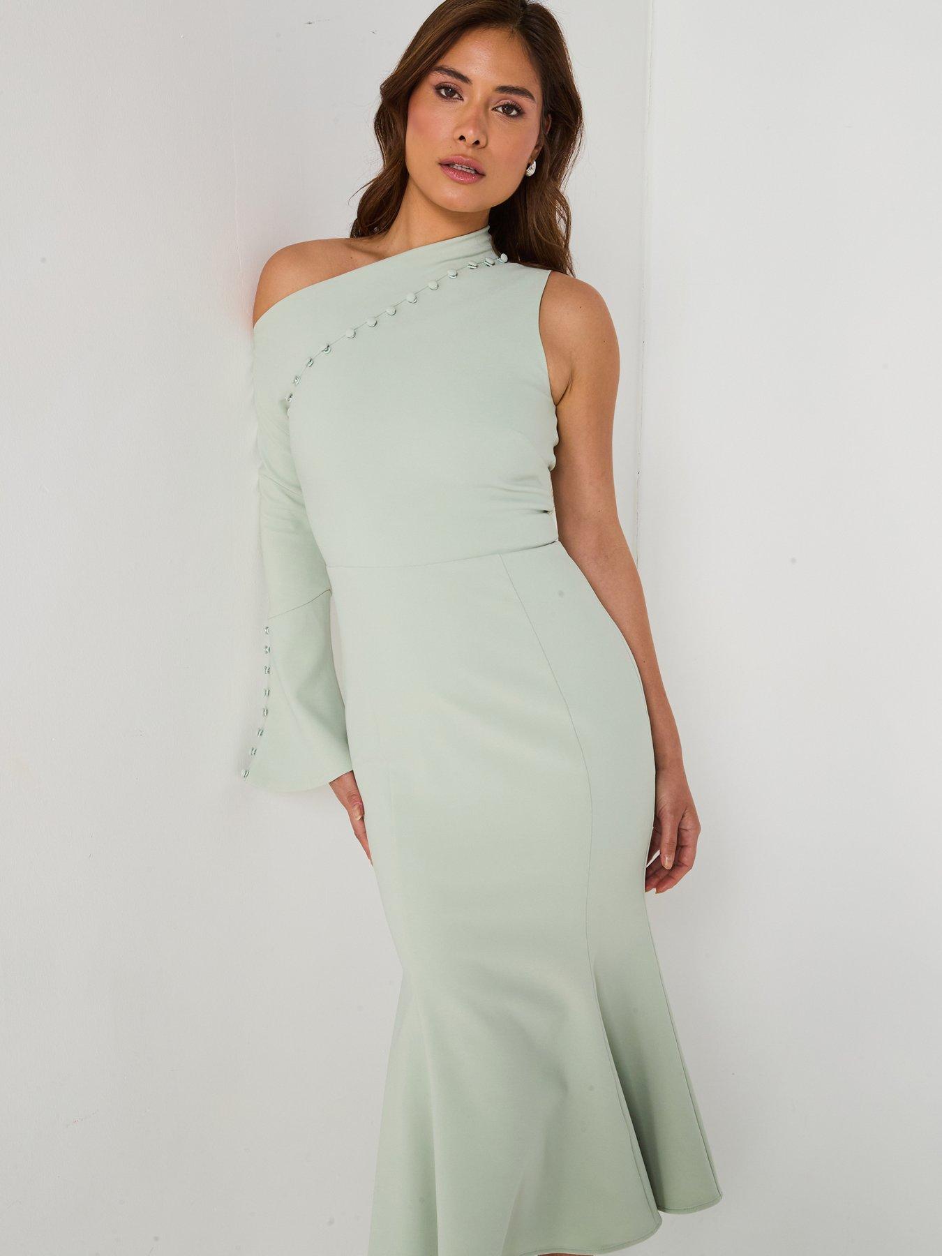 undefined Asymmetric Sleeve Micro Button Long Midi Dress - Green
