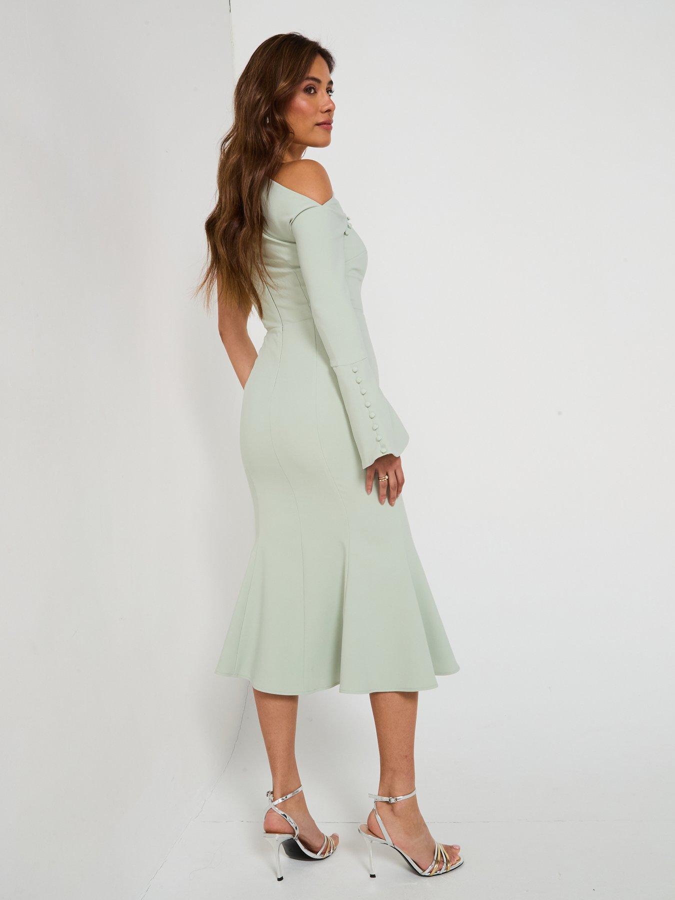 Image 4 of 6 of Lavish Alice Asymmetric Sleeve Micro Button Long Midi Dress - Green