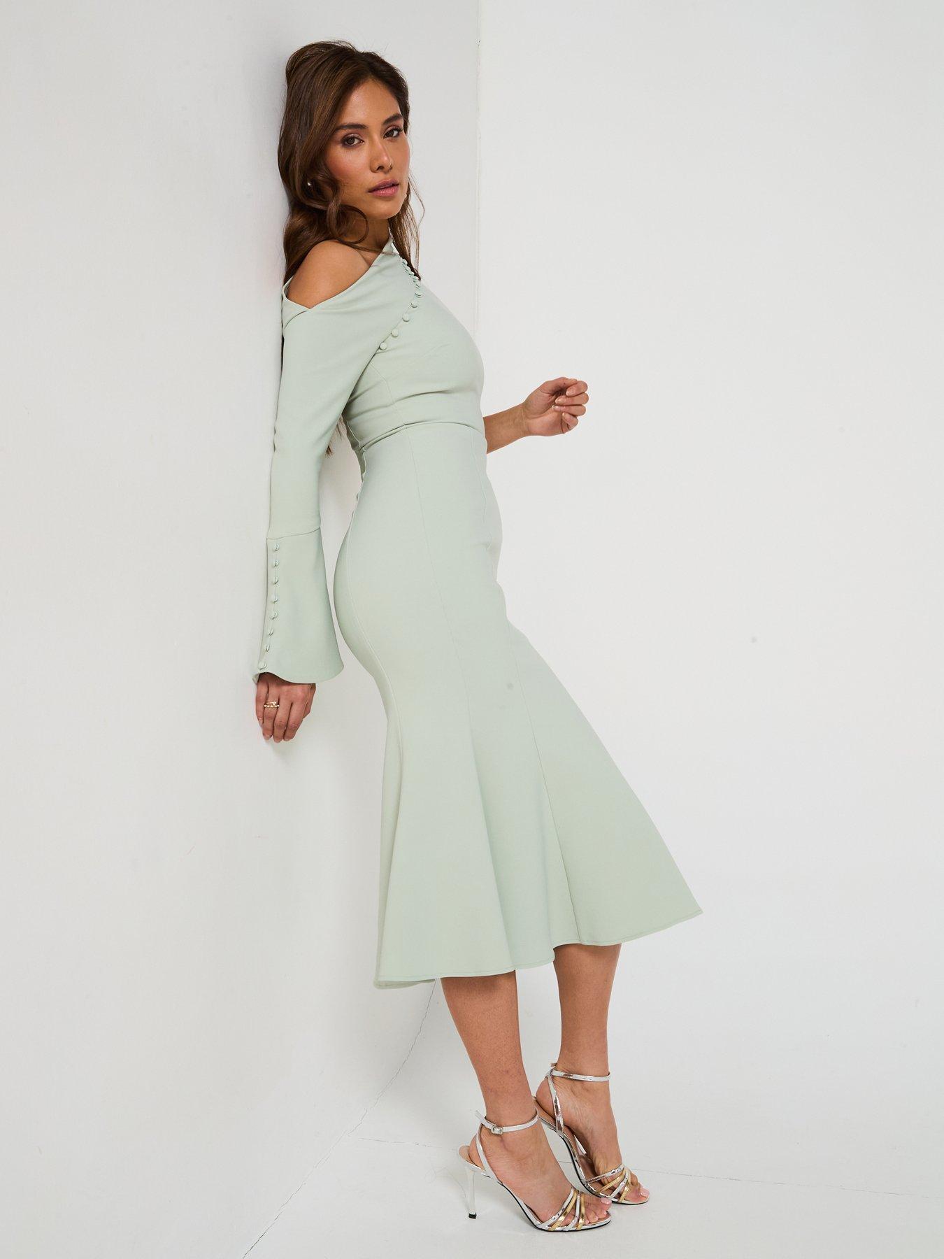 Image 6 of 6 of Lavish Alice Asymmetric Sleeve Micro Button Long Midi Dress - Green