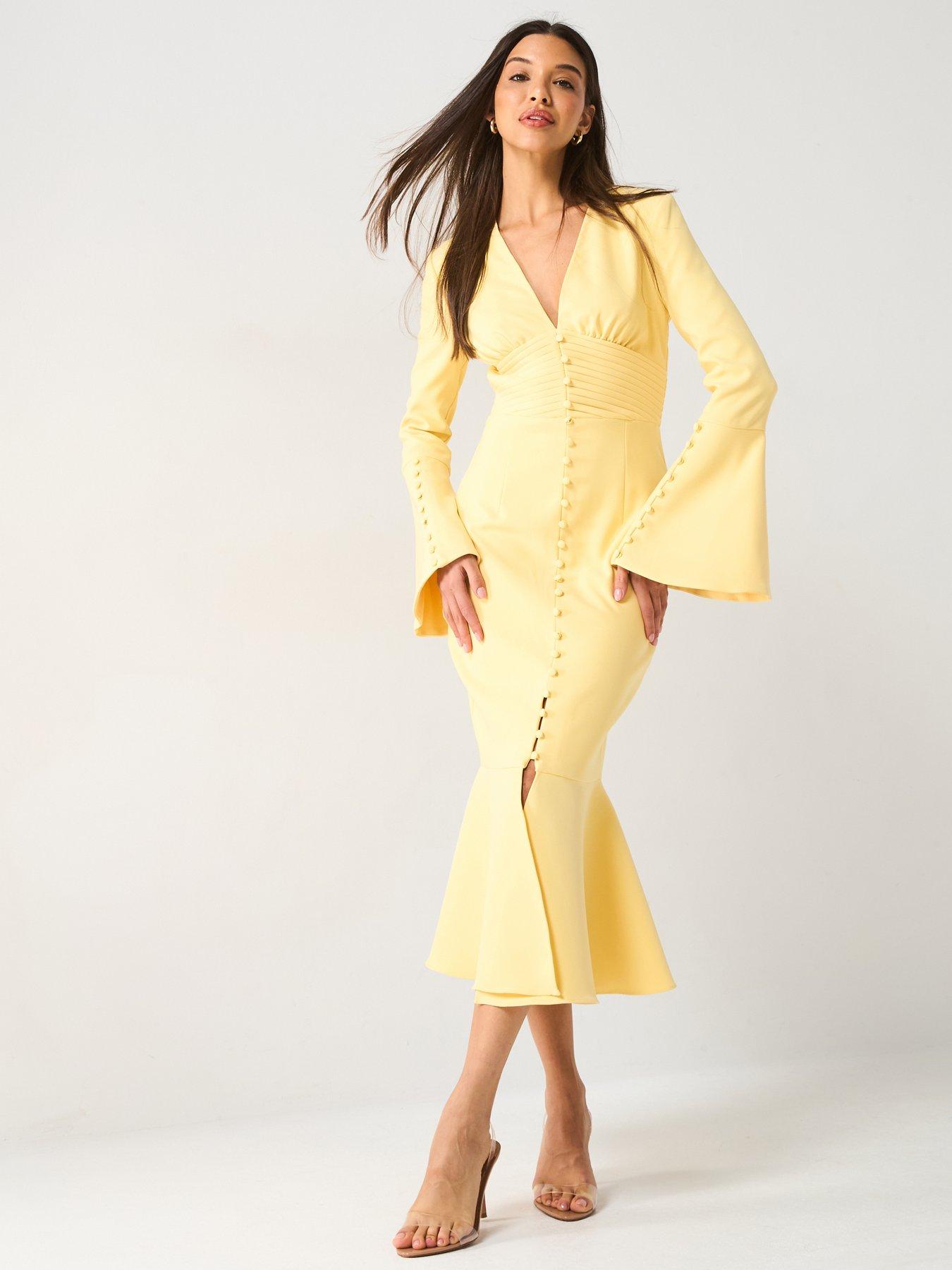 undefined Flared Micro Shell Button Long Midi Dress - Yellow