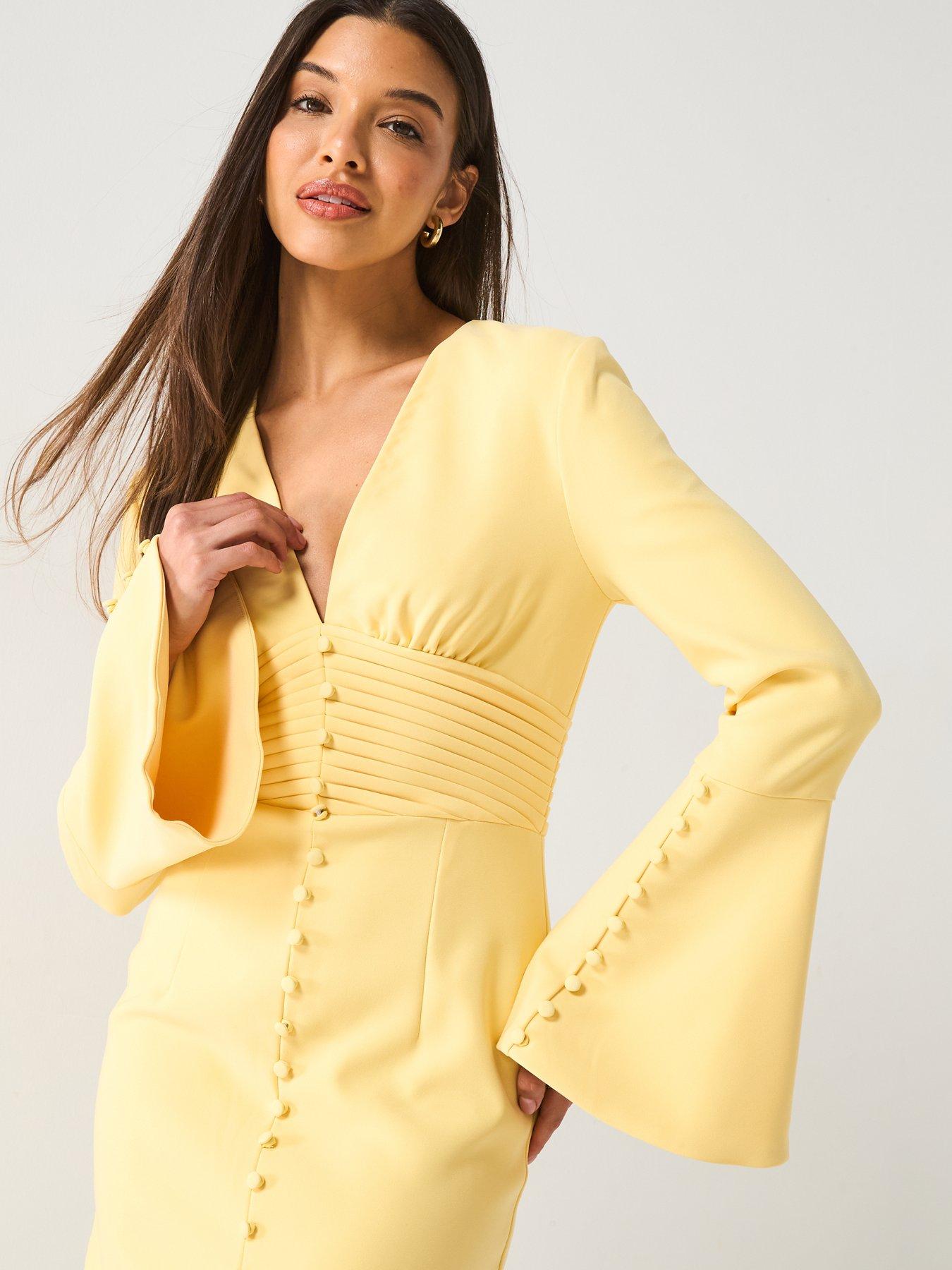 Lavish Alice Flared Micro Shell Button Long Midi Dress - Yellow | Very