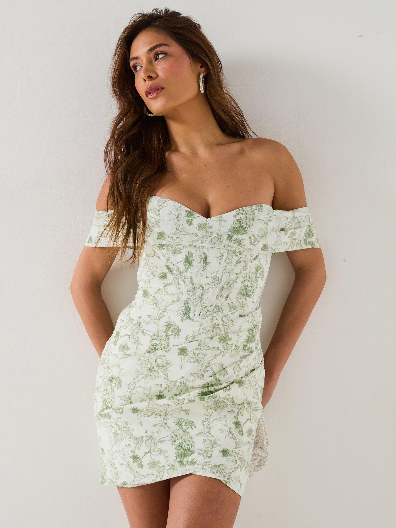 undefined Off Shoulder Lace Up Mini Dress - Green