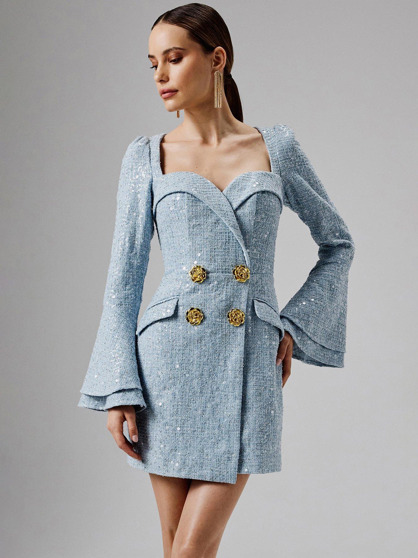 Image 1 of 5 of Lavish Alice Boucle Oversized Rose Button Blazer Mini Dress - Blue