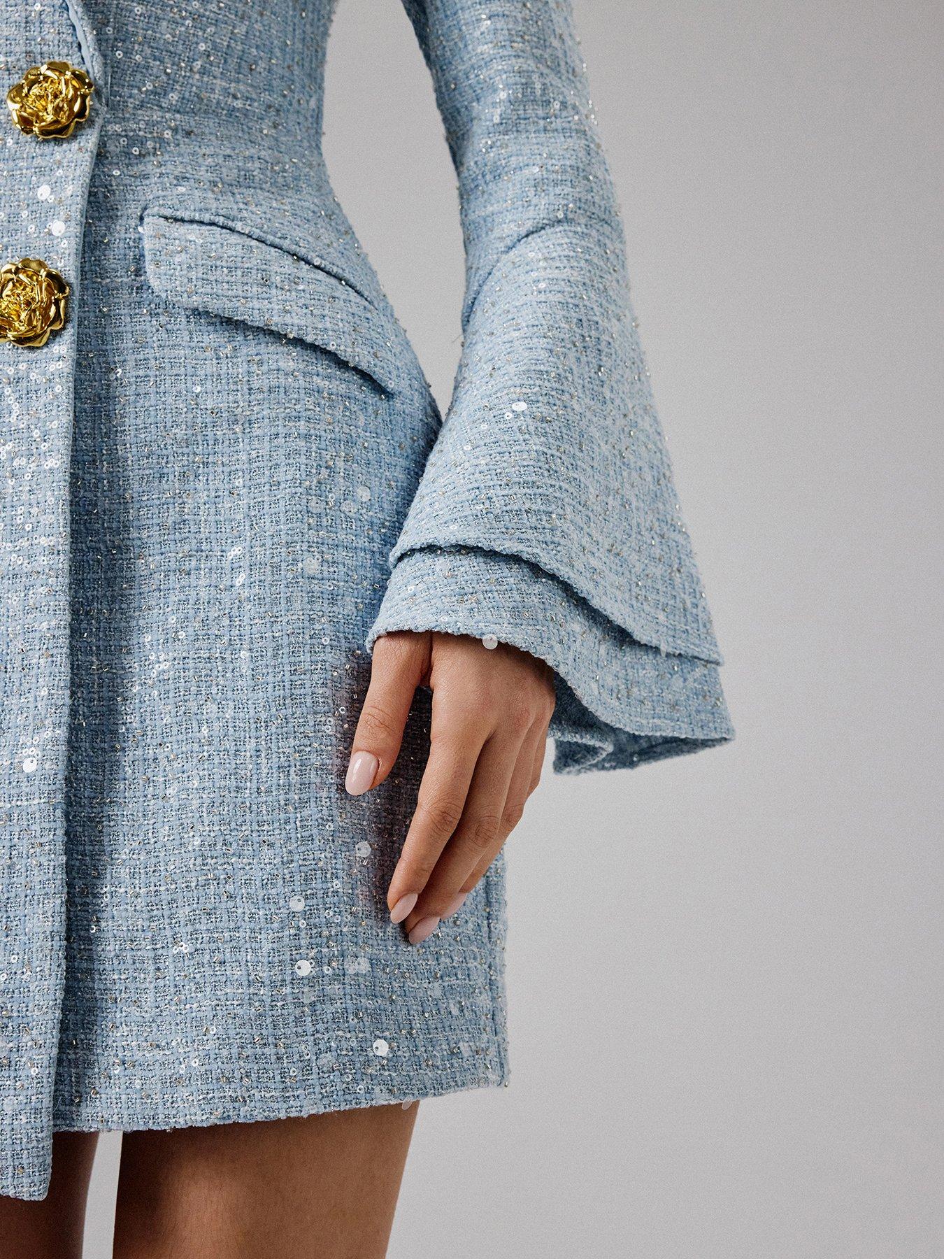 Image 5 of 5 of Lavish Alice Boucle Oversized Rose Button Blazer Mini Dress - Blue