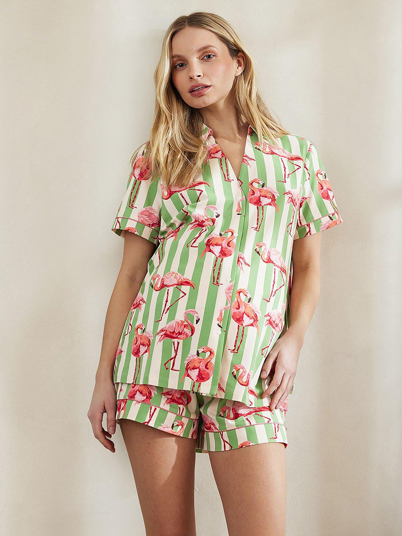 Image of CHELSEA PEERS Maternity V Neck Button Up Short Pyjama Set - Flamingo Stripe Green