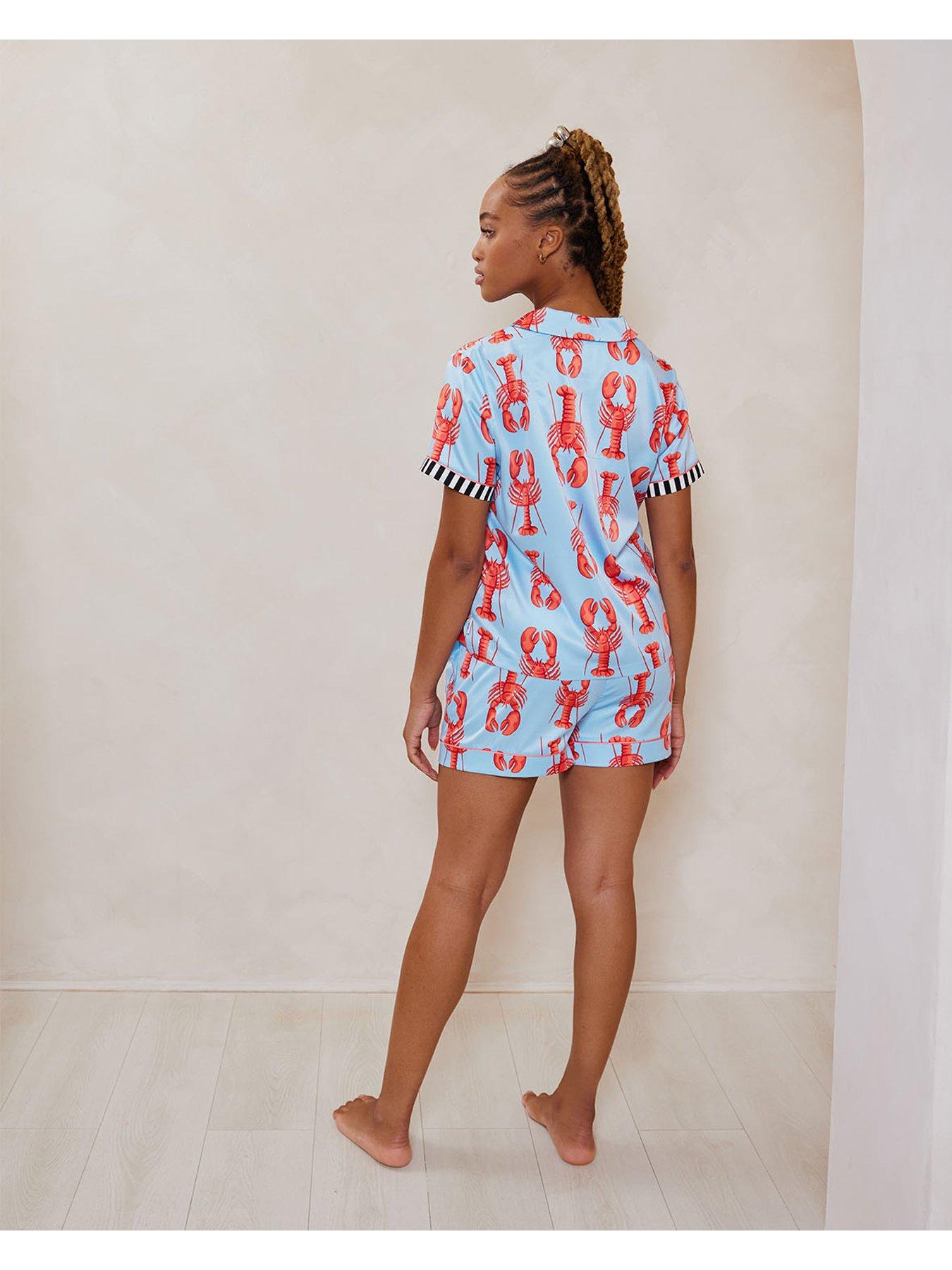Image 2 of 5 of CHELSEA PEERS Satin Lobster Print Short Pyjama Set