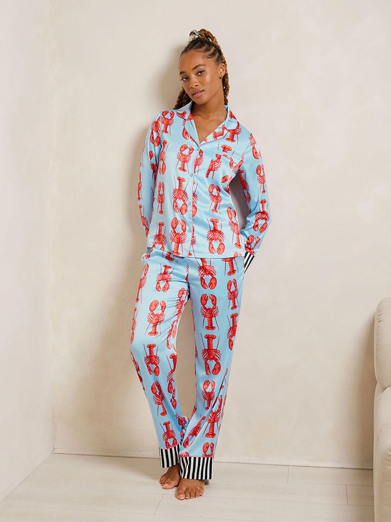 undefined Satin Lobster Print Long Pyjama Set