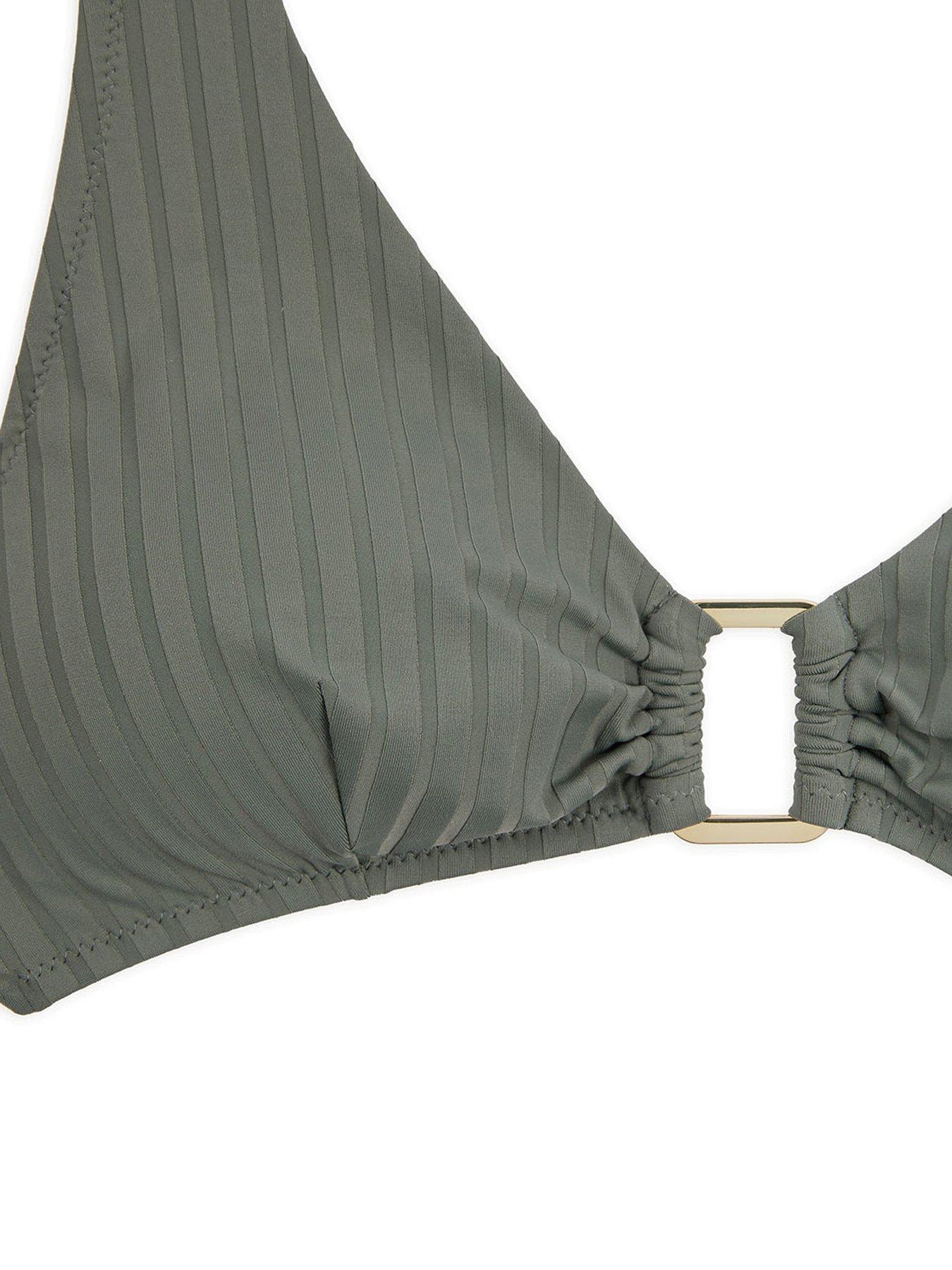 Image 6 of 6 of CHELSEA PEERS Halter Neck Bikini Rib Top With Metal Detailing - Khaki