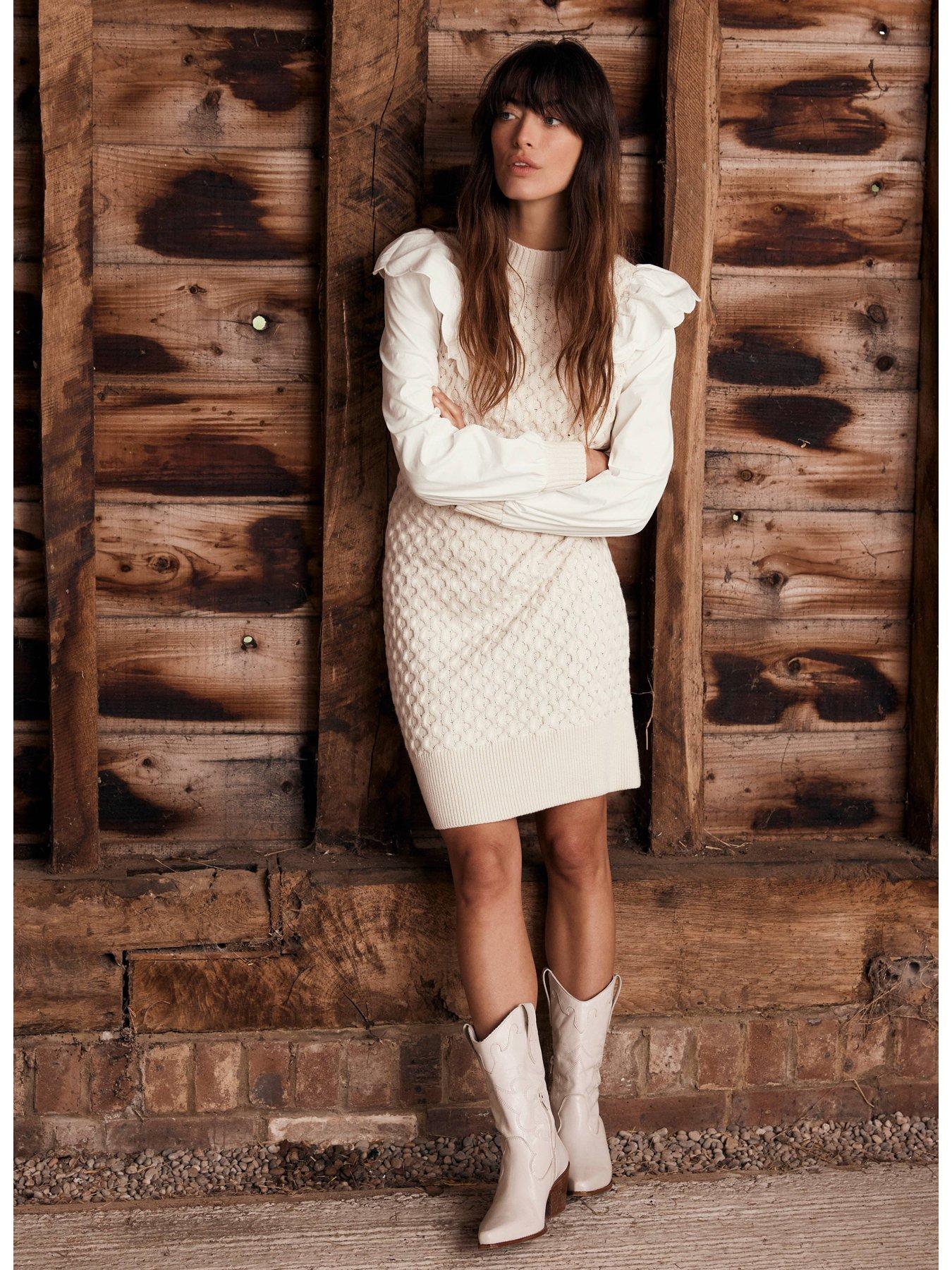 Image 2 of 5 of Mint Velvet Cream Cable Knit Mini Dress - Beige