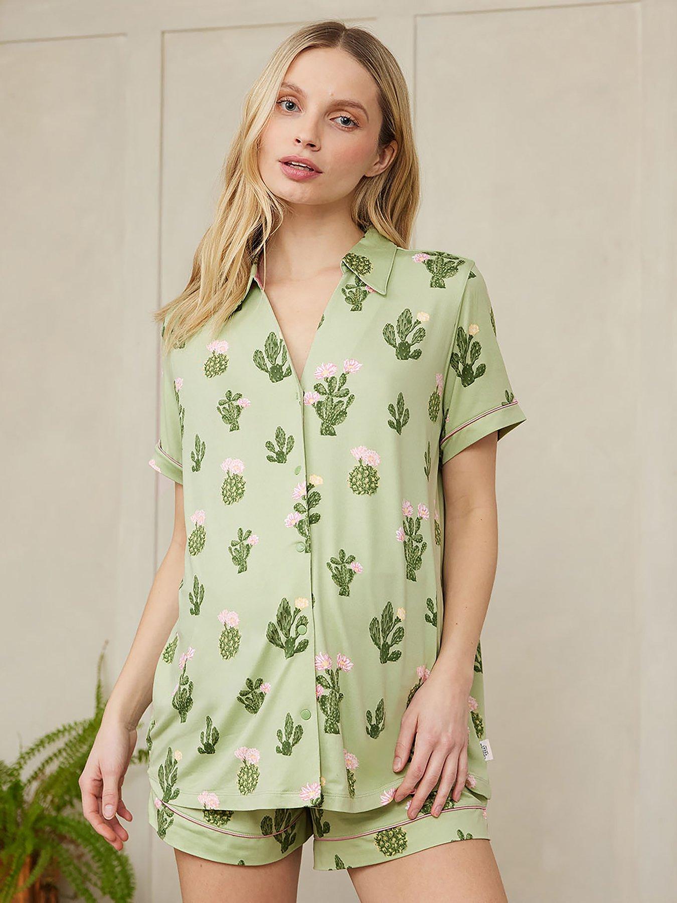 Image of CHELSEA PEERS Maternity V Neck Button Up Short Pyjama Set - Detailed Cacti Print
