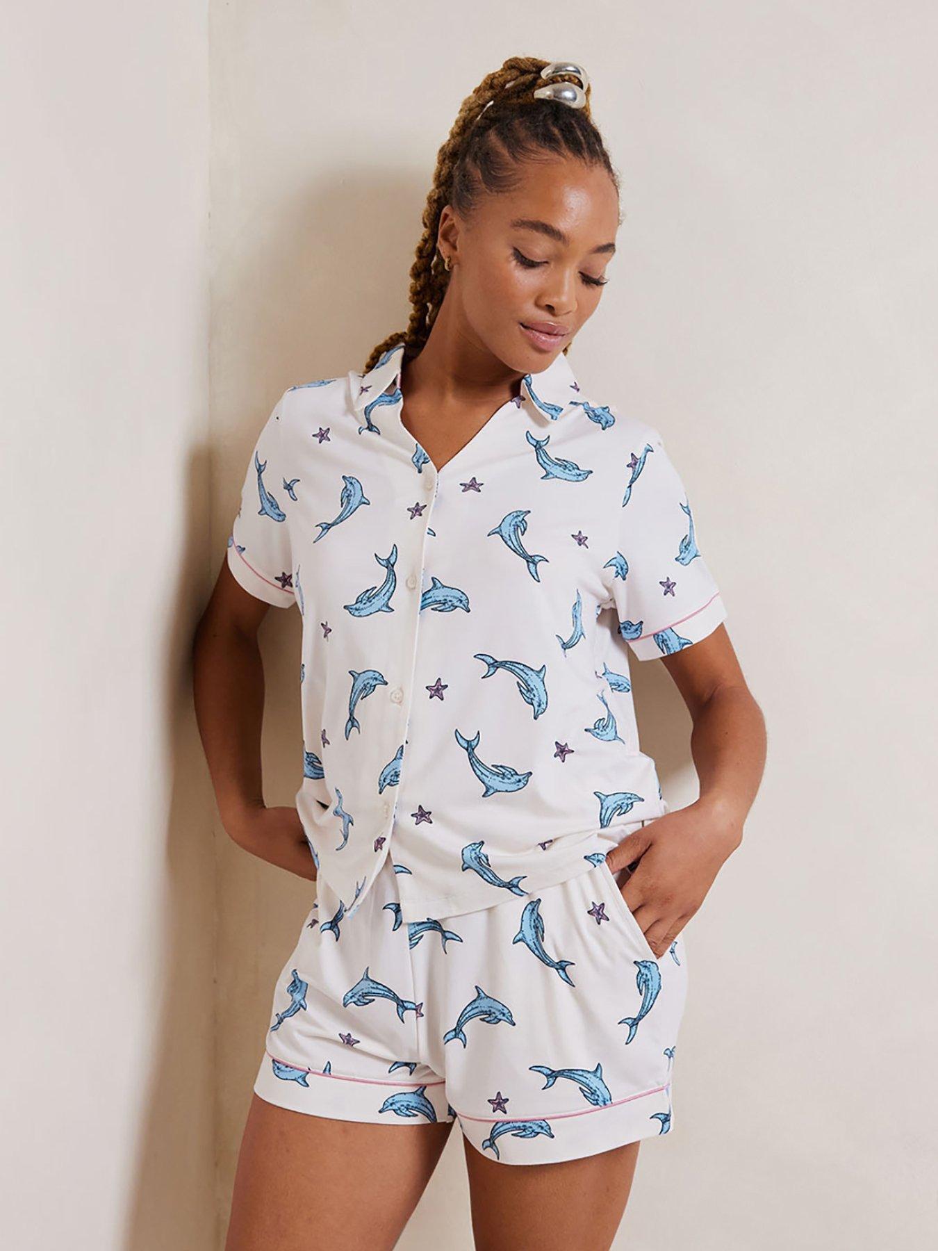 undefined Dolphin Print Button Up Short Pyjama Set Dolphin Print - White/Blue