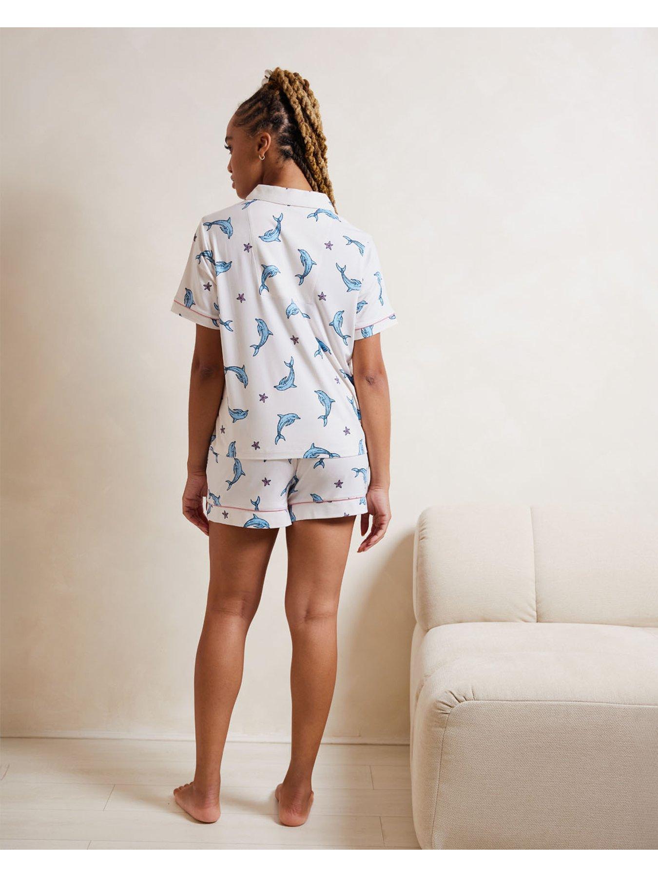 Image 3 of 4 of CHELSEA PEERS Dolphin Print Button Up Short Pyjama Set Dolphin Print - White/Blue