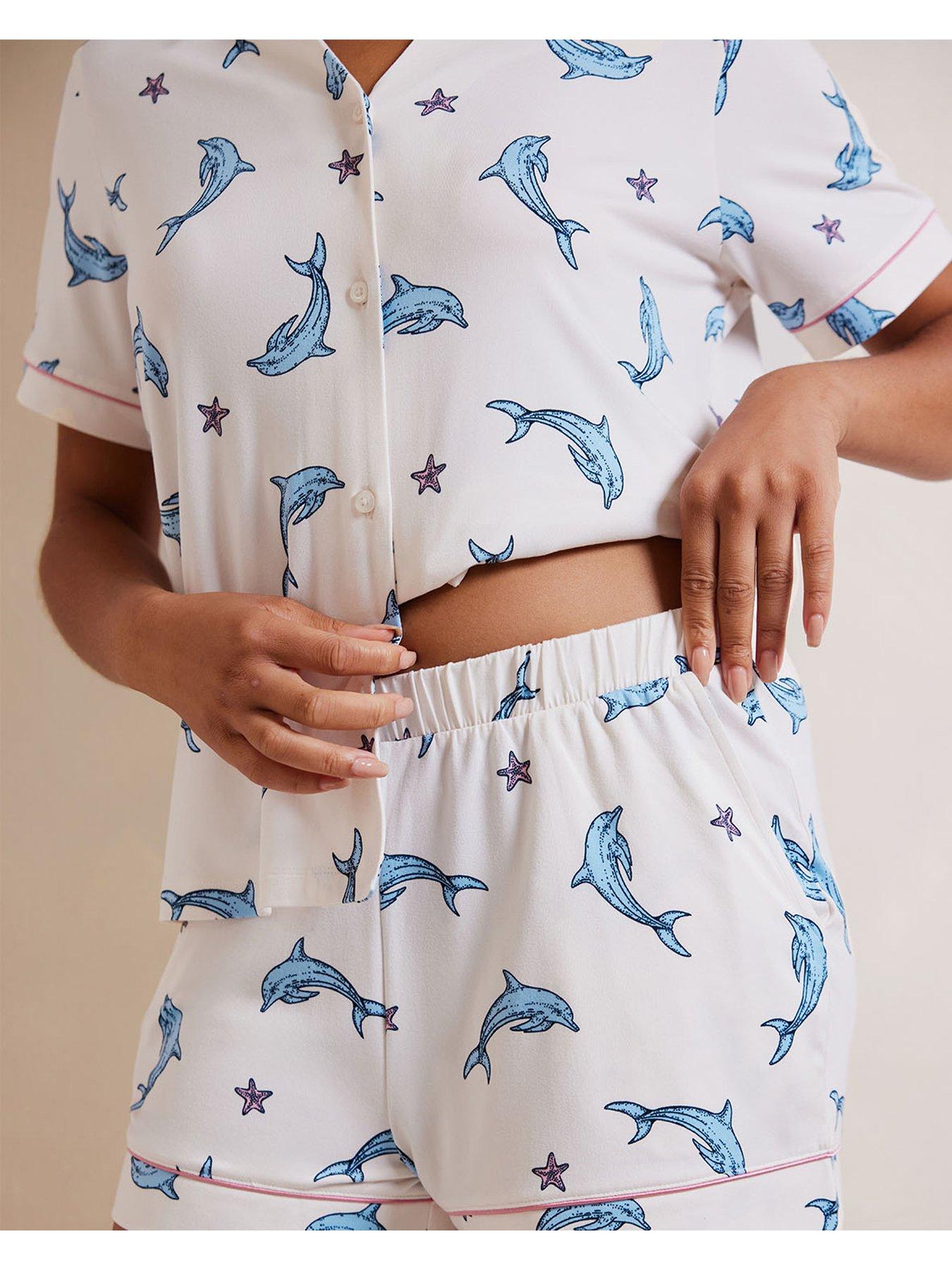 Image 4 of 4 of CHELSEA PEERS Dolphin Print Button Up Short Pyjama Set Dolphin Print - White/Blue