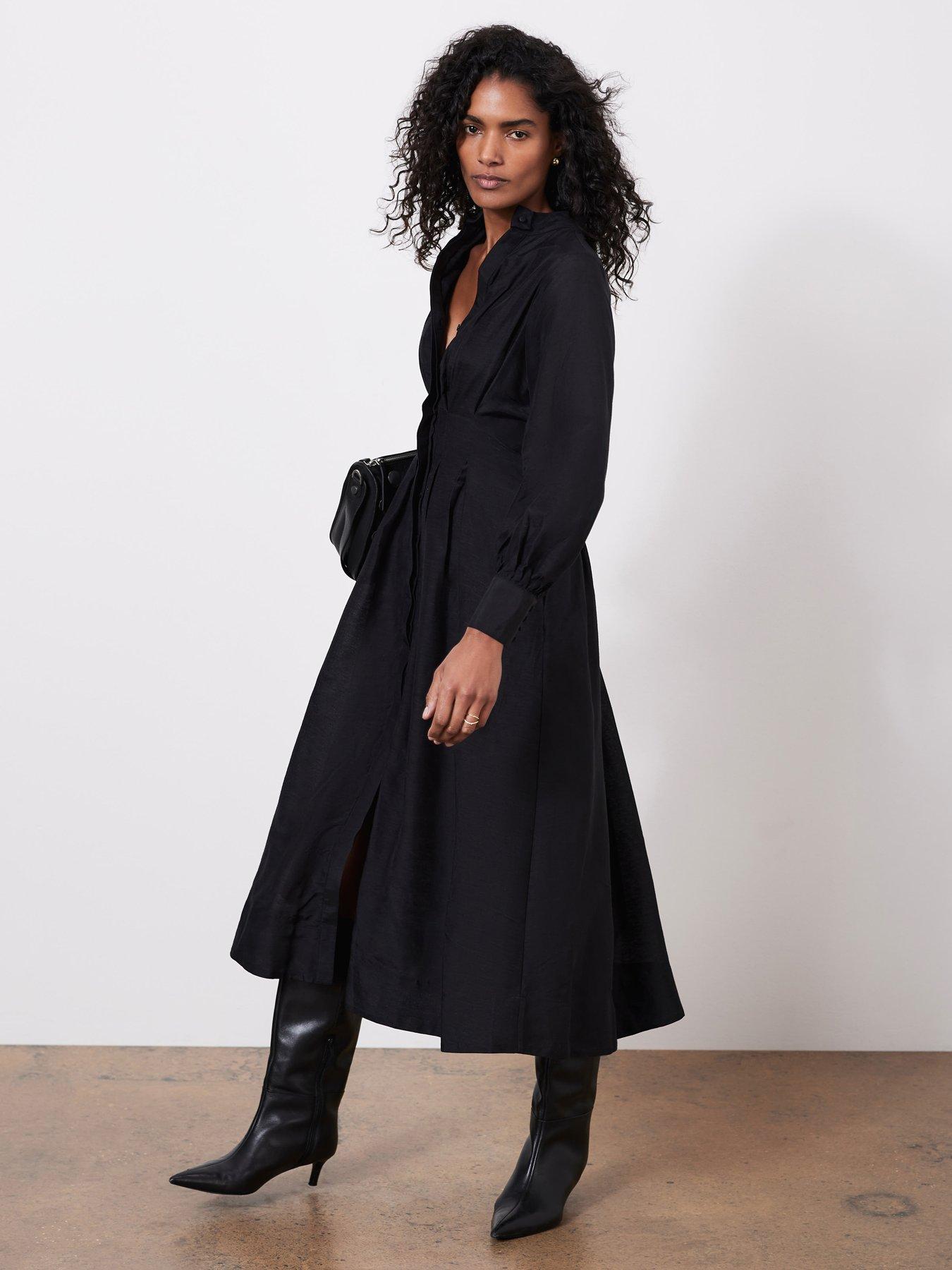 black midi shirt dress uk Yumi Black Viscose Linen Look Midi Shirt Dress With Wooden Belt