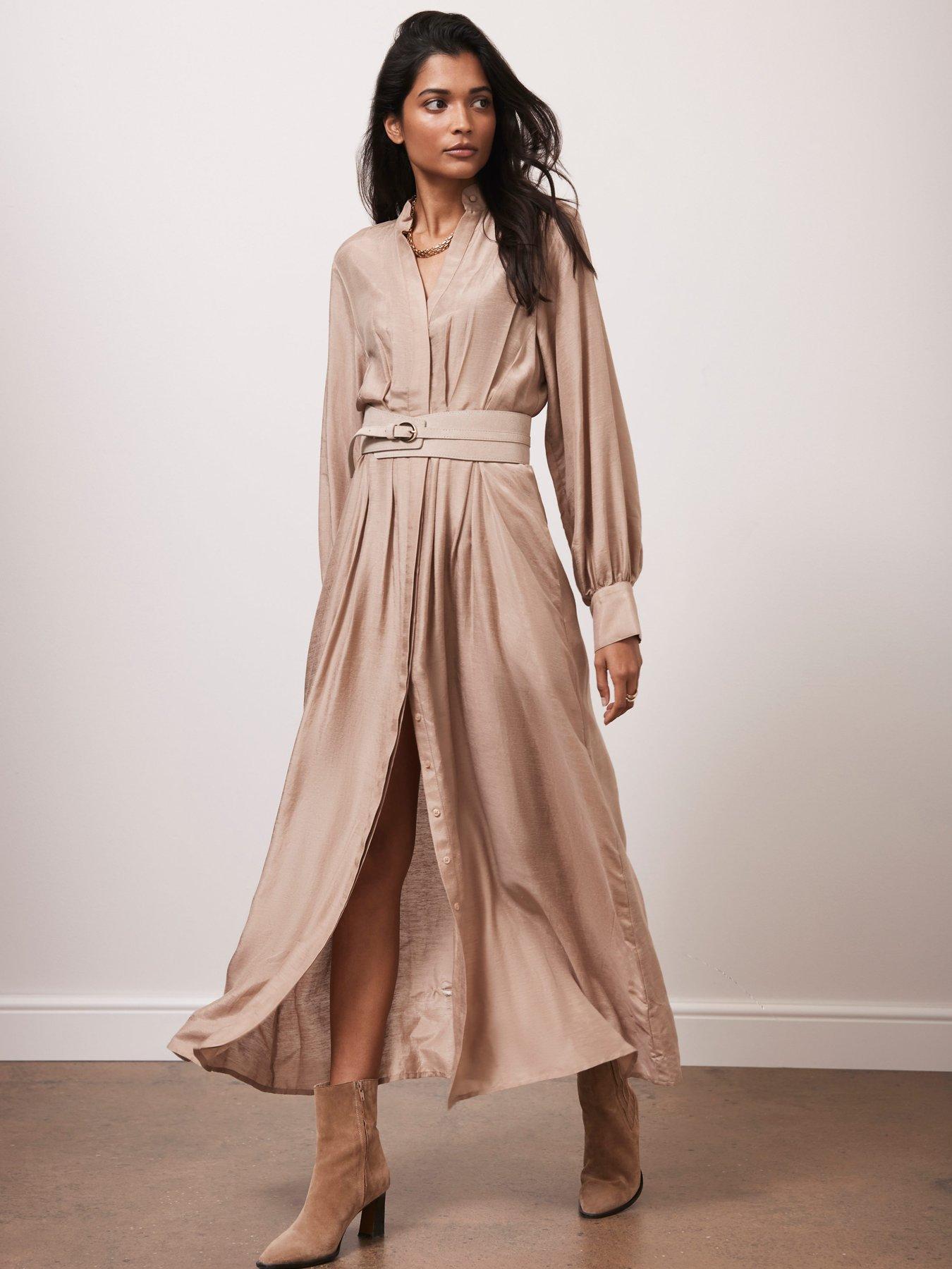 Image 1 of 4 of Mint Velvet Pleated Maxi Shirt Dress - Beige