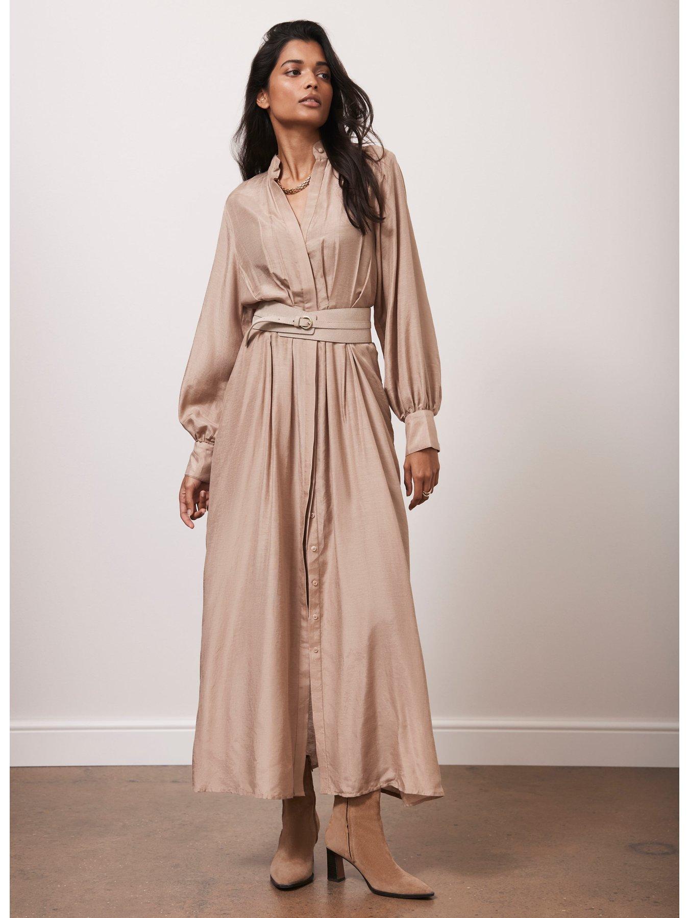 Image 2 of 4 of Mint Velvet Pleated Maxi Shirt Dress - Beige