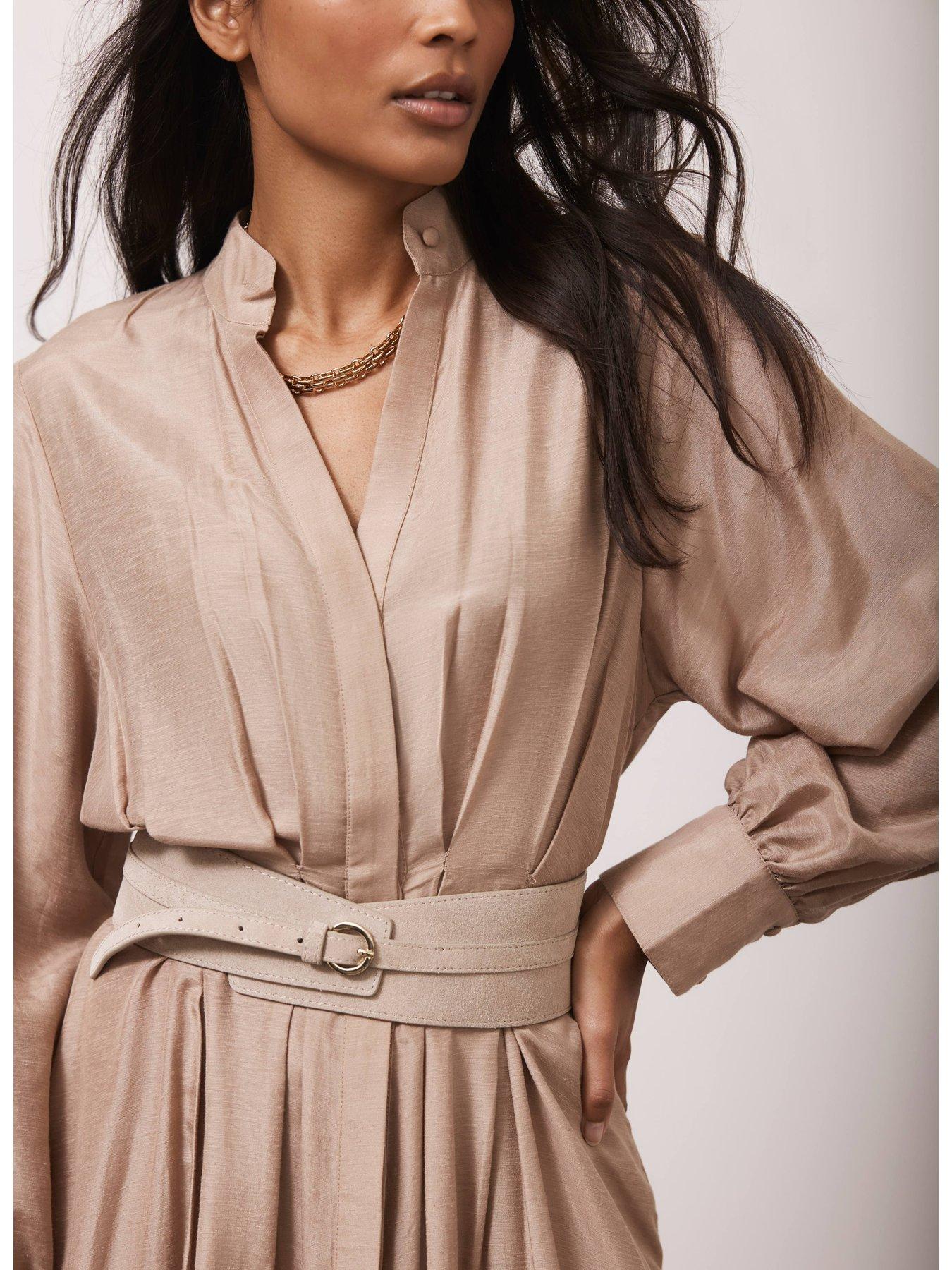 Image 3 of 4 of Mint Velvet Pleated Maxi Shirt Dress - Beige