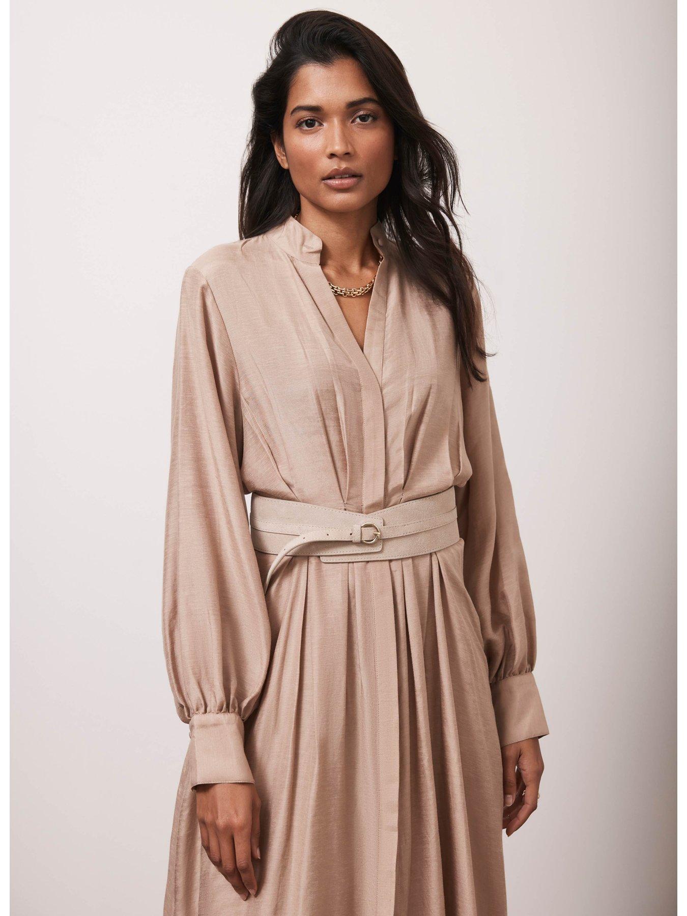Image 4 of 4 of Mint Velvet Pleated Maxi Shirt Dress - Beige