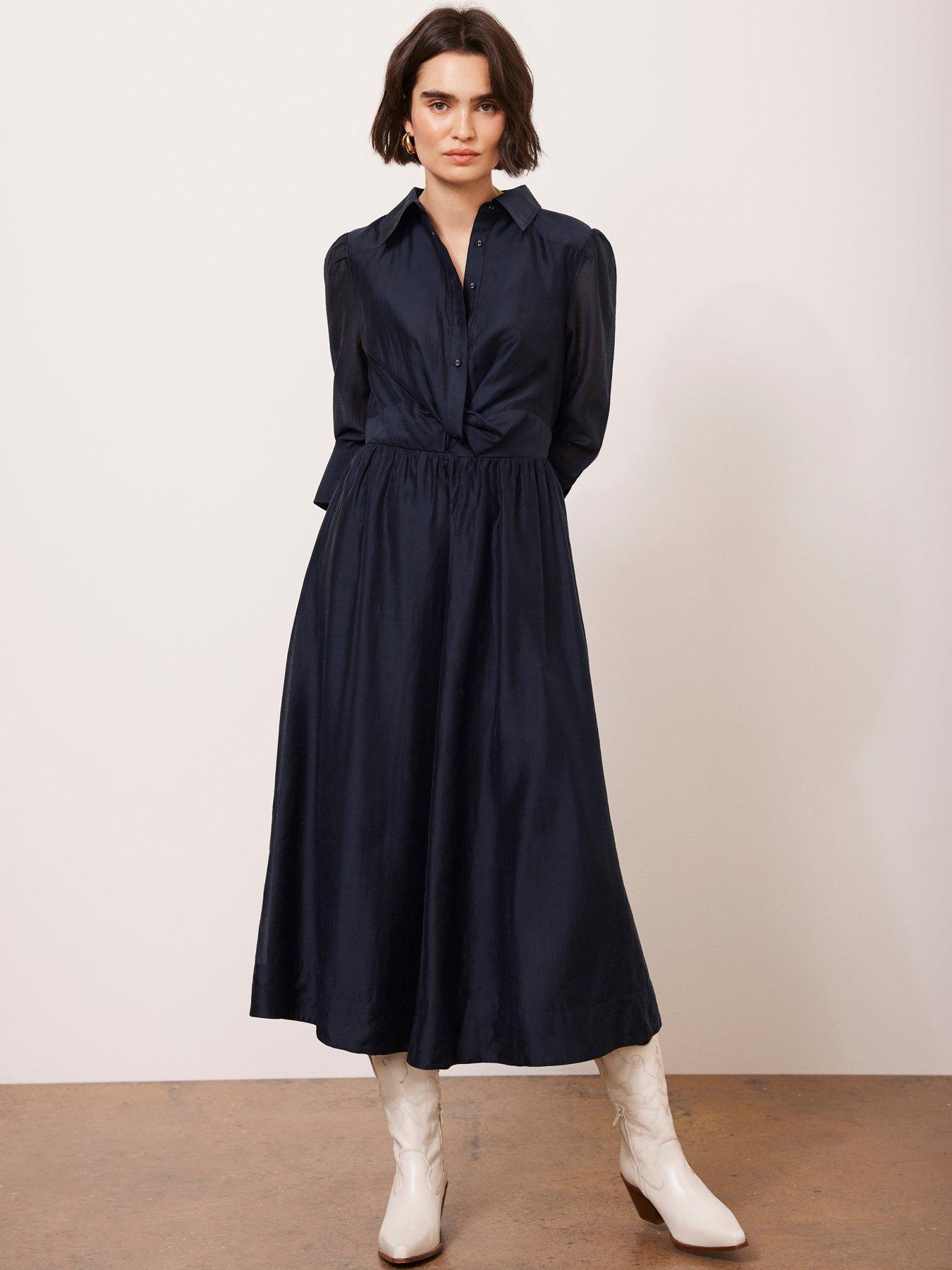open lace back dress Navy Leaf Print Shirred Midi Dress  Mint Velvet