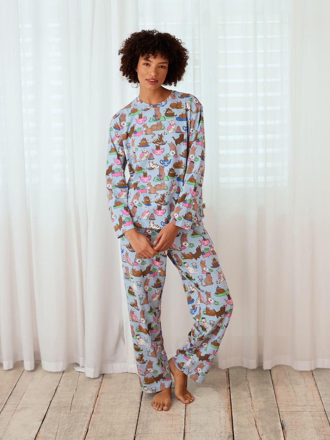 undefined Tea Party Cats Printed Long Pyjama Set - Blue