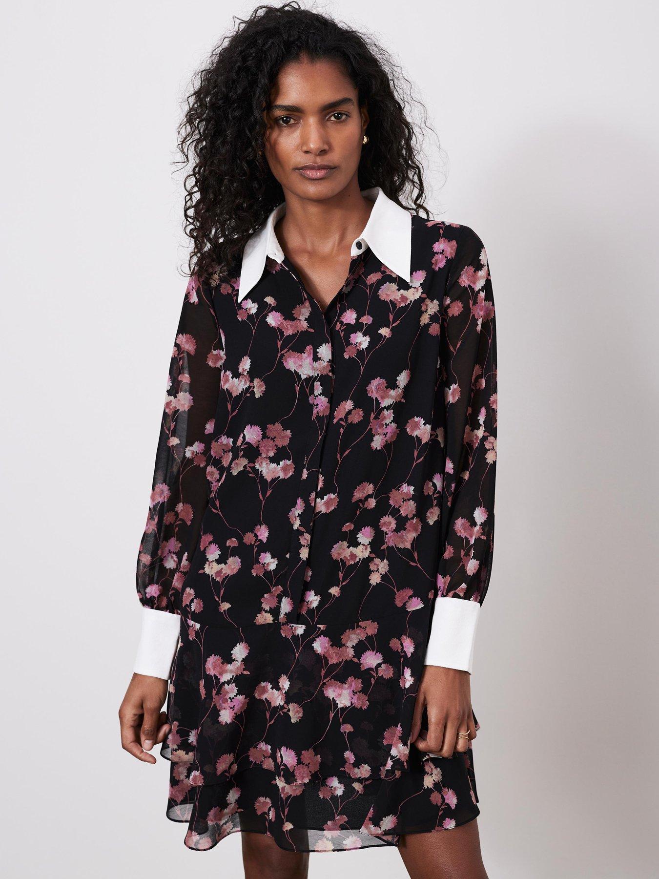Chicyis Black Floral Print Velvet Mini Dress - V-Neck Lace Trim