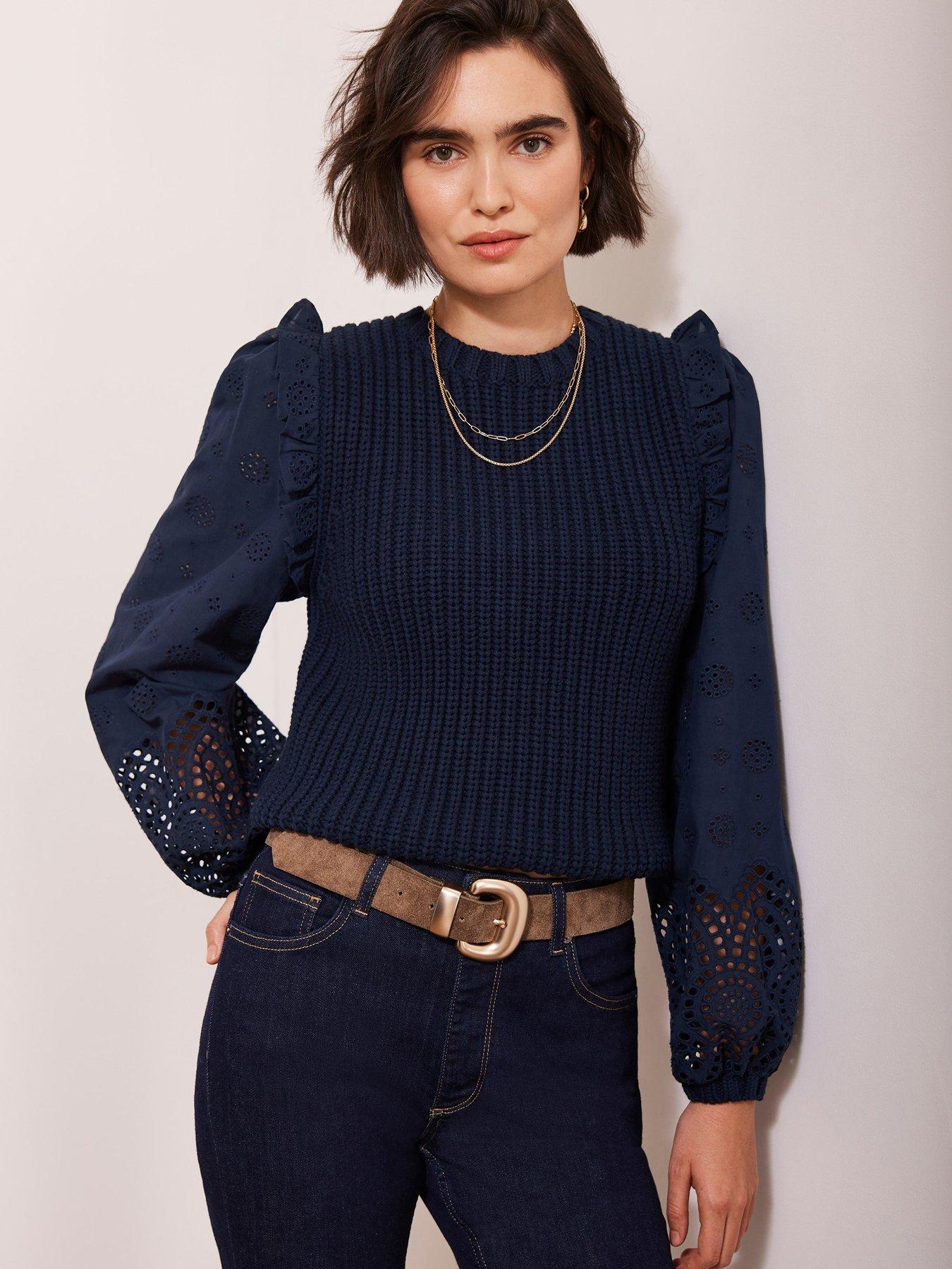 undefined Cotton Blend Broderie Sleeve Jumper - Navy