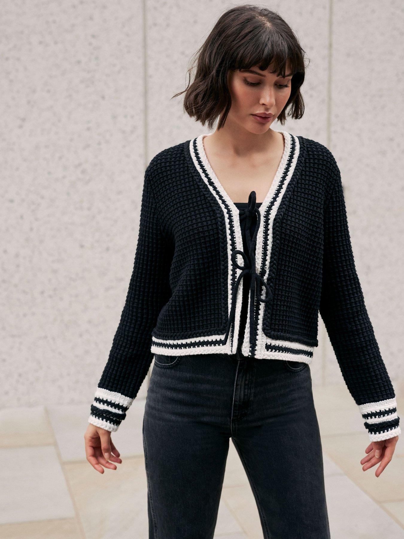 undefined Contrast Cotton Blend Trim Cardigan - Black