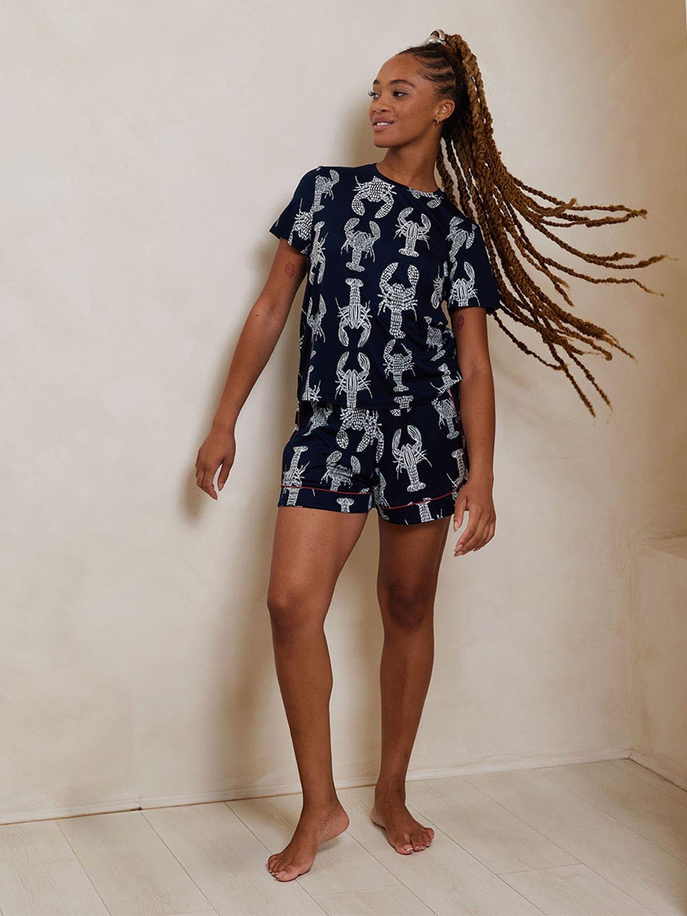 undefined Sketch Lobster Print Crew Neck Short Pyjama Set - Navy