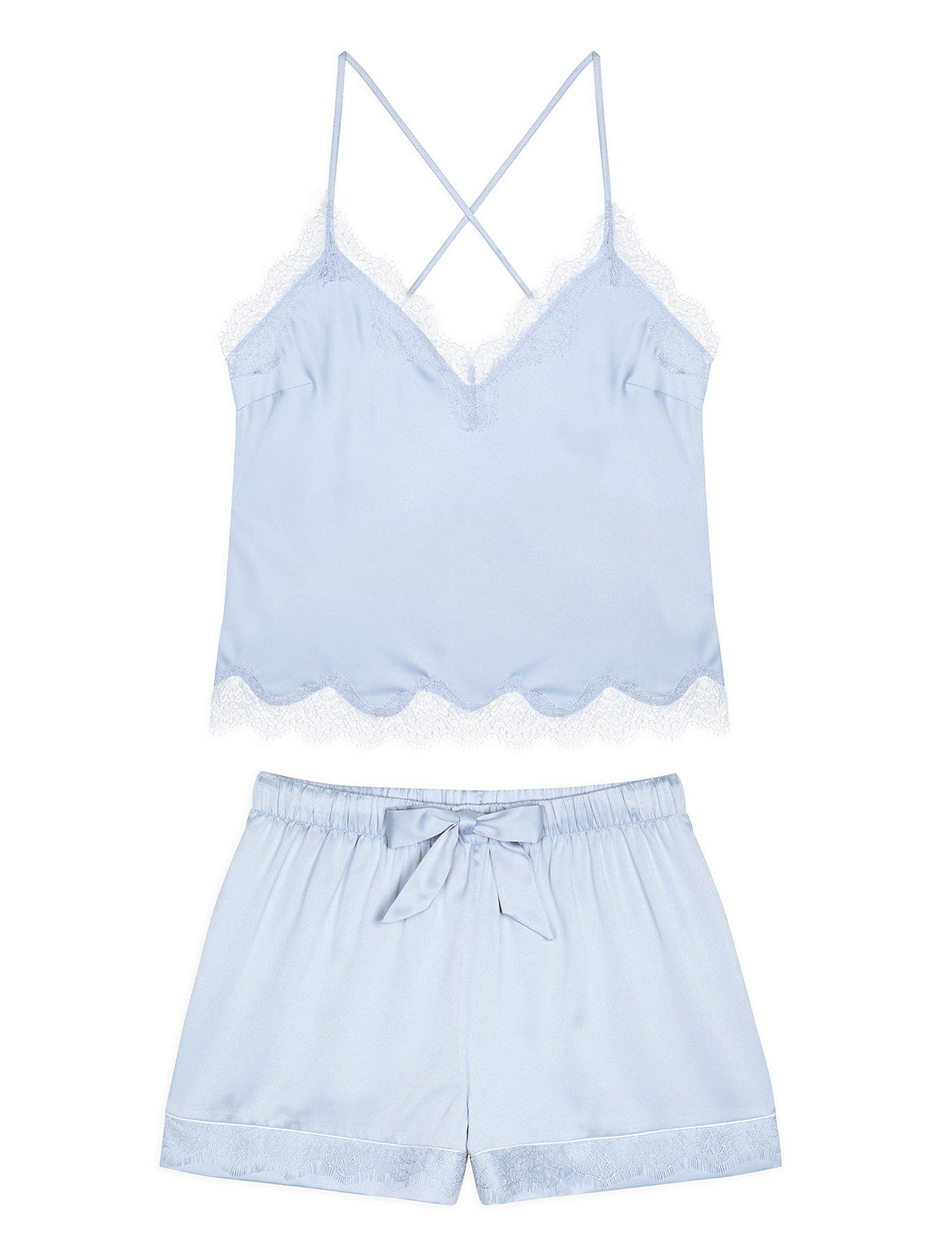 undefined Satin Lace Trim Cami Short Pyjama Set - Cornflower Blue