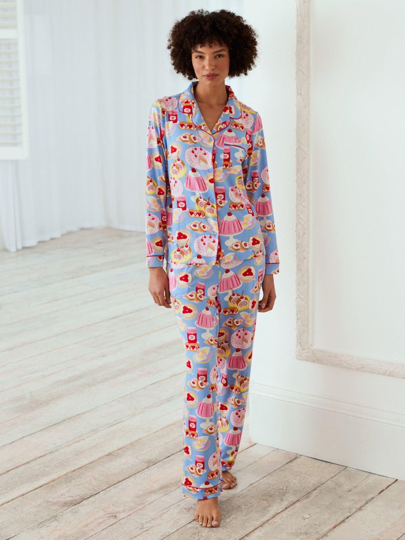 undefined Long Button Up Pyjama Set - Desserts Print - Blue