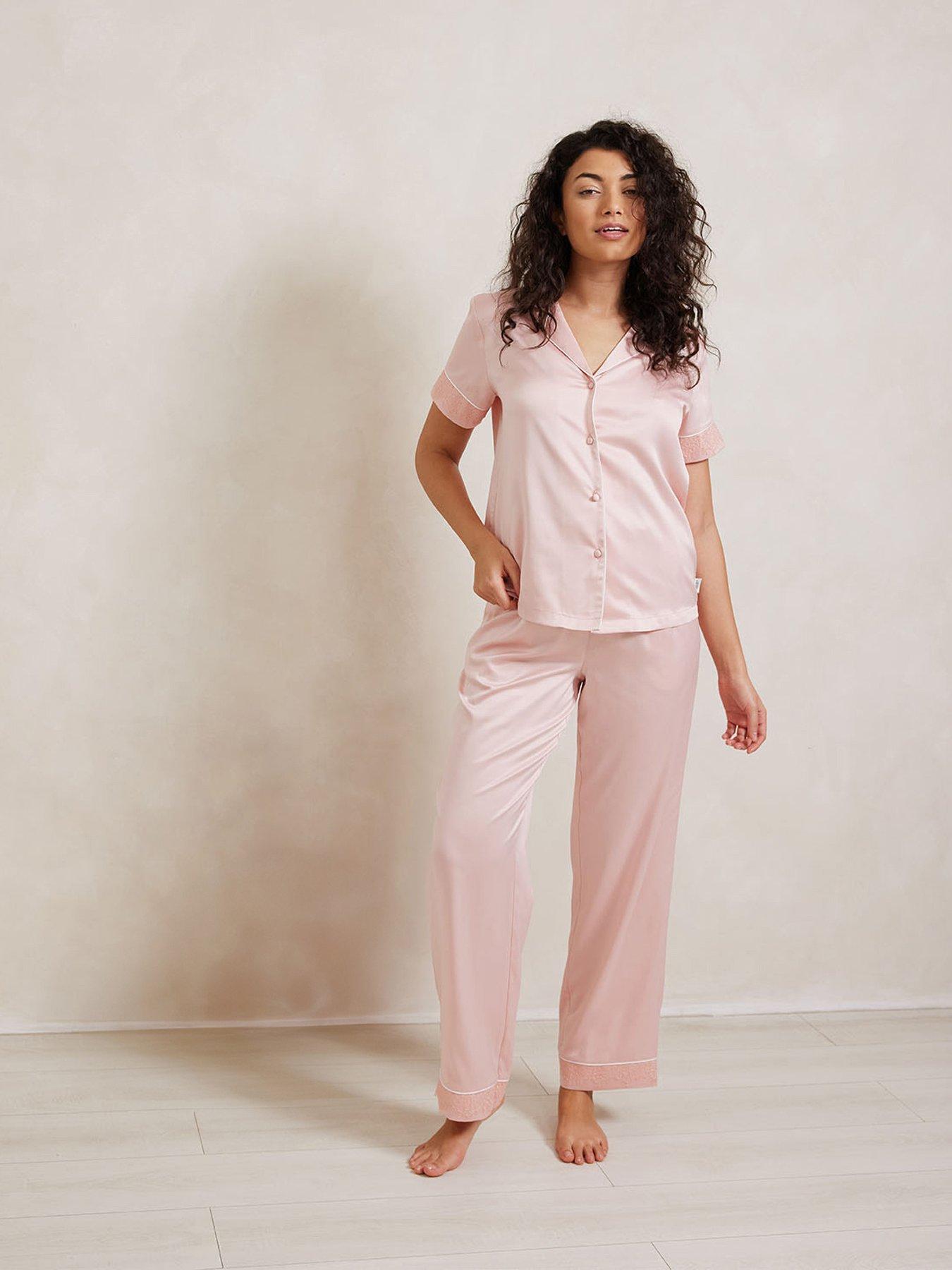 undefined Long Button Up Pyjama Set In Satin With Lace Trim - Pink