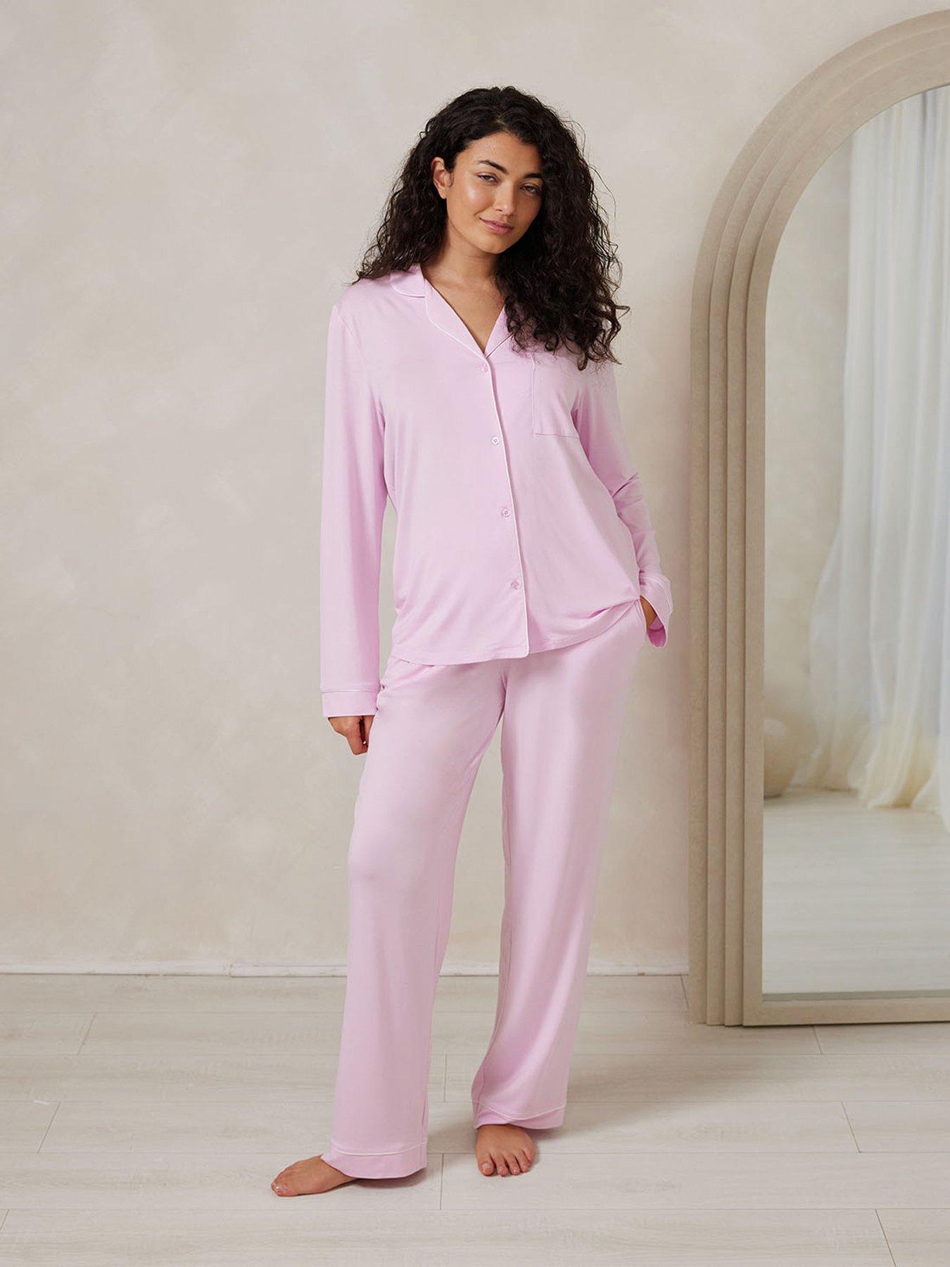 undefined Button Up Long Pyjama Set - Plain - Pink