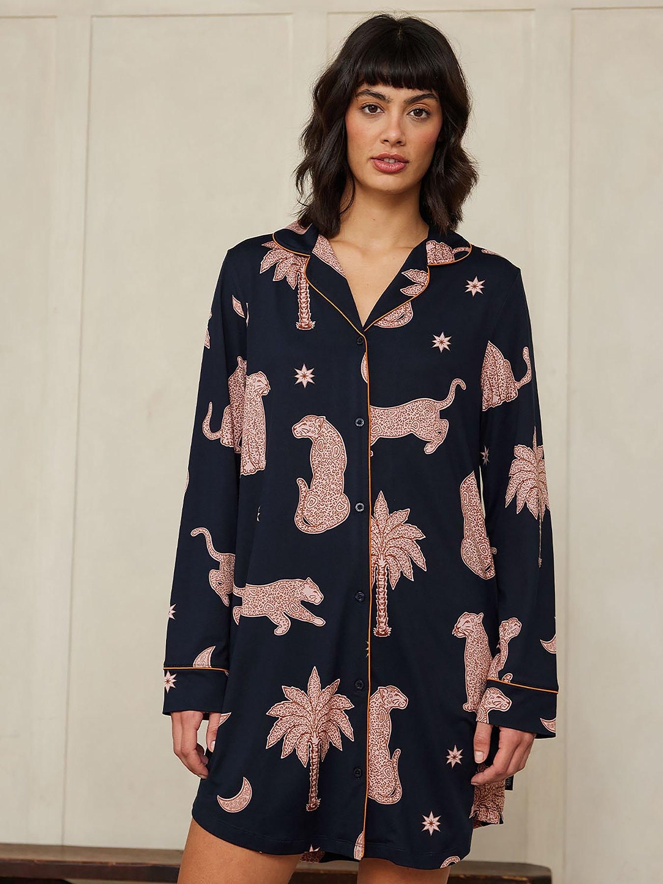 undefined Long Sleeve Button Front Night Shirt - Abstract Shapes Leopards