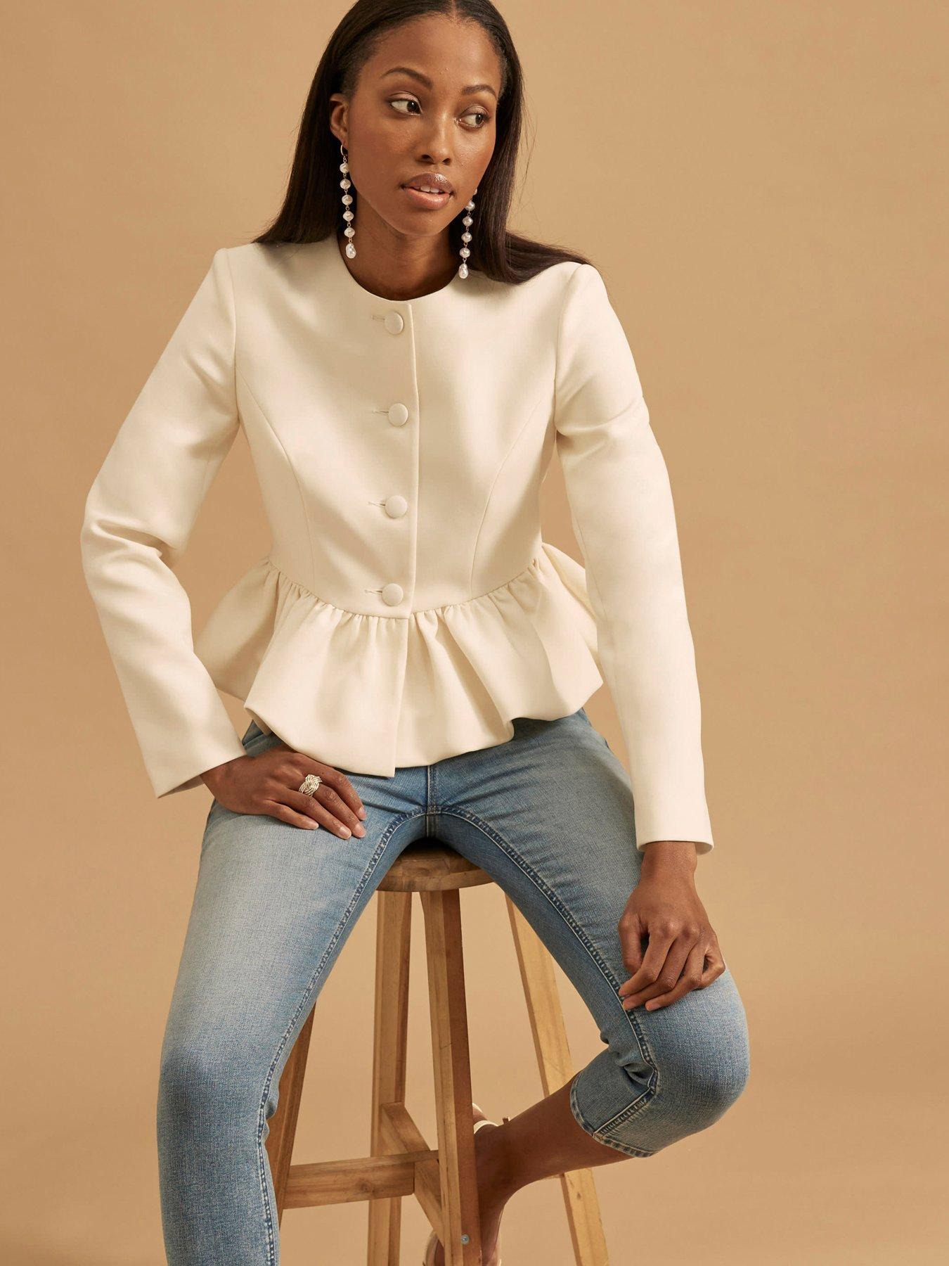 undefined Peplum Button Front Jacket - White