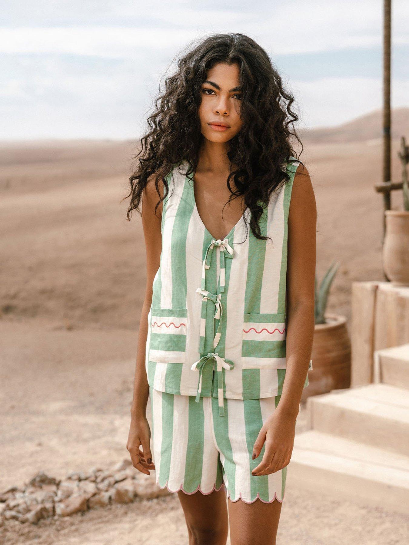 undefined Tie Front Top With Front Pockets And Scallop ShortsSTRIPE