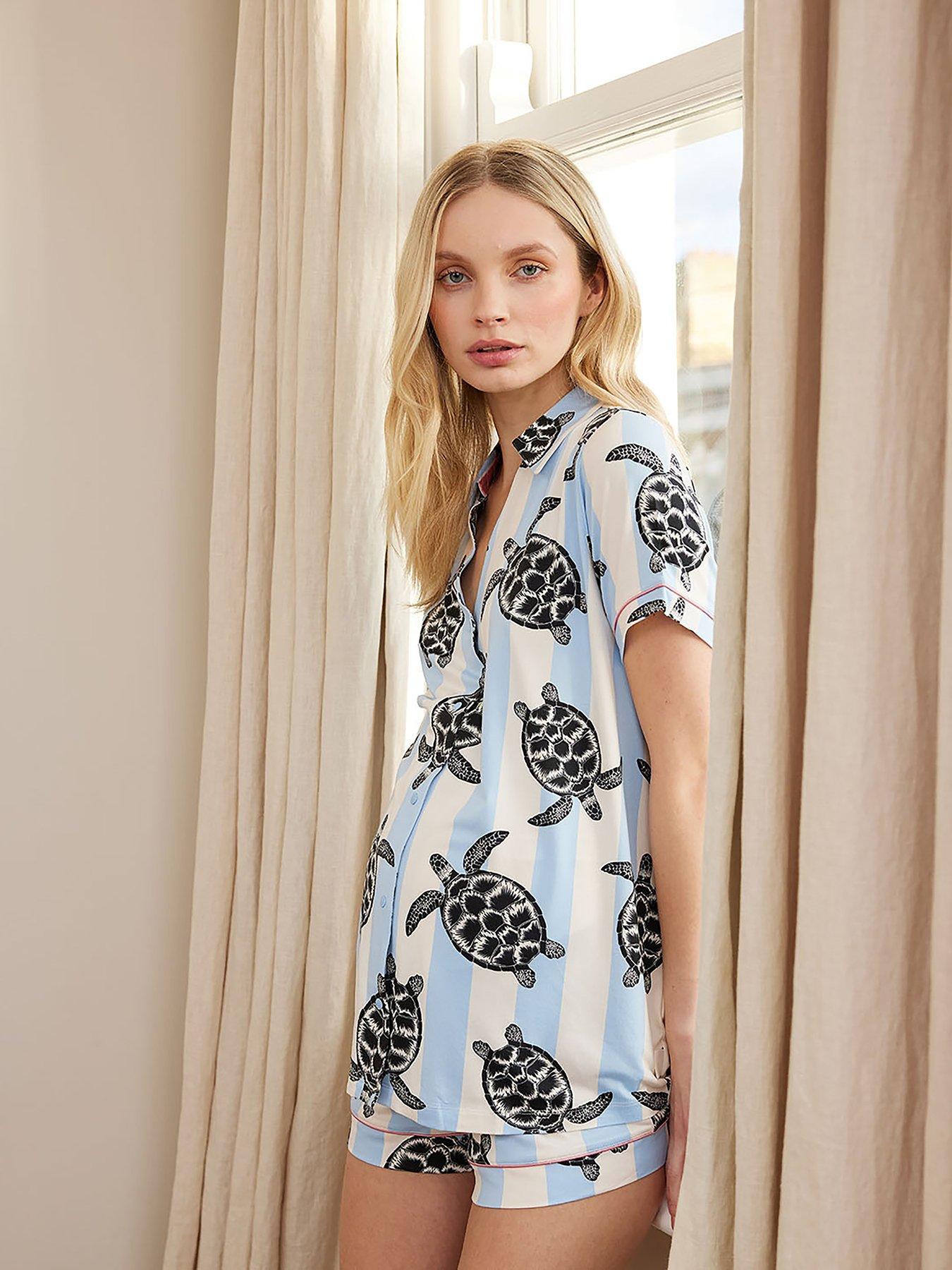 undefined V Neck Button Up Short Pyjama Set - Turtle Stripe