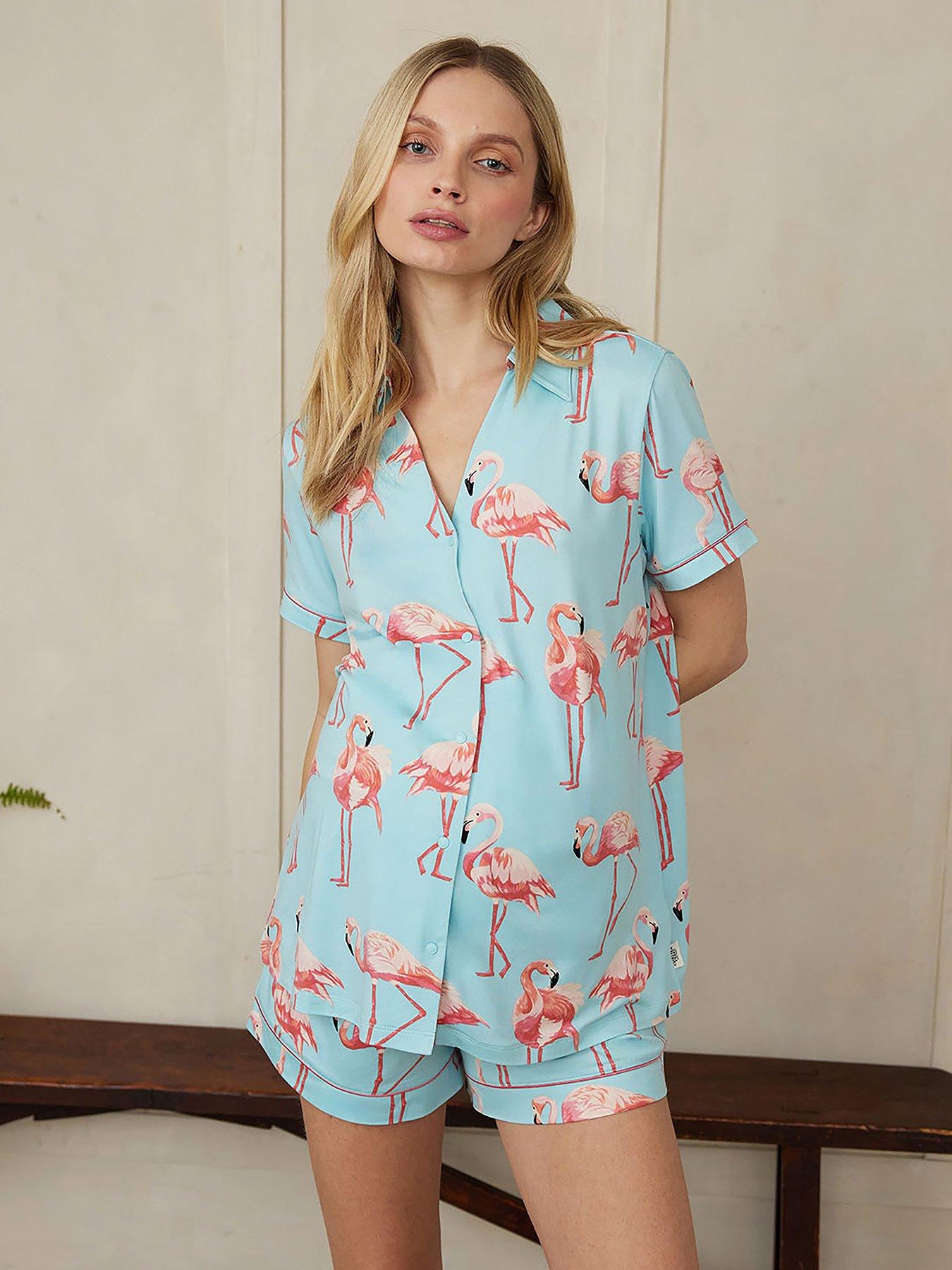 Image 1 of 4 of CHELSEA PEERS Maternity V Neck Button Up Short Pyjama Set - Flamingo Print