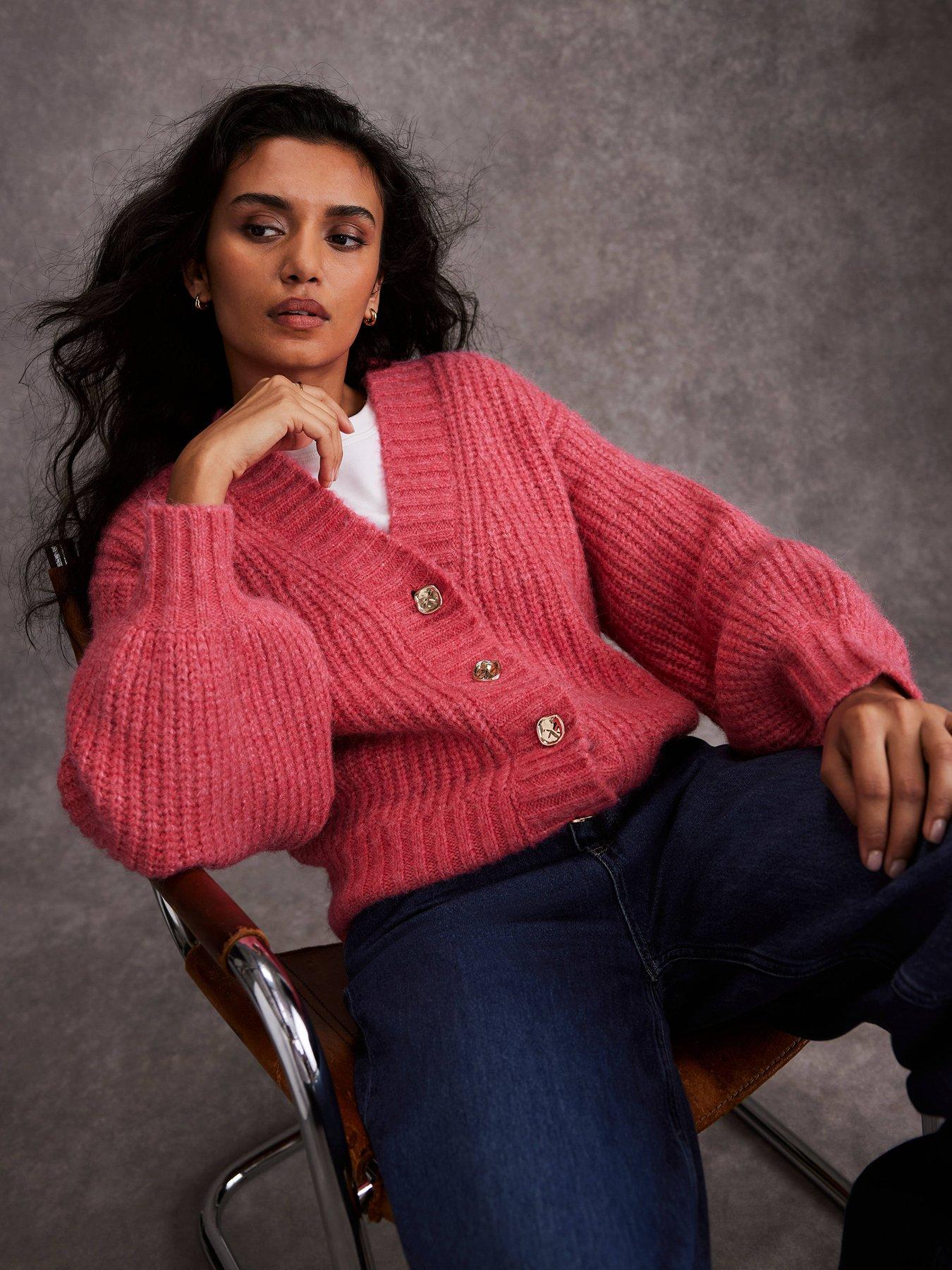 Image 1 of 5 of Mint Velvet Wool Blend Balloon Sleeve Cardigan - Pink