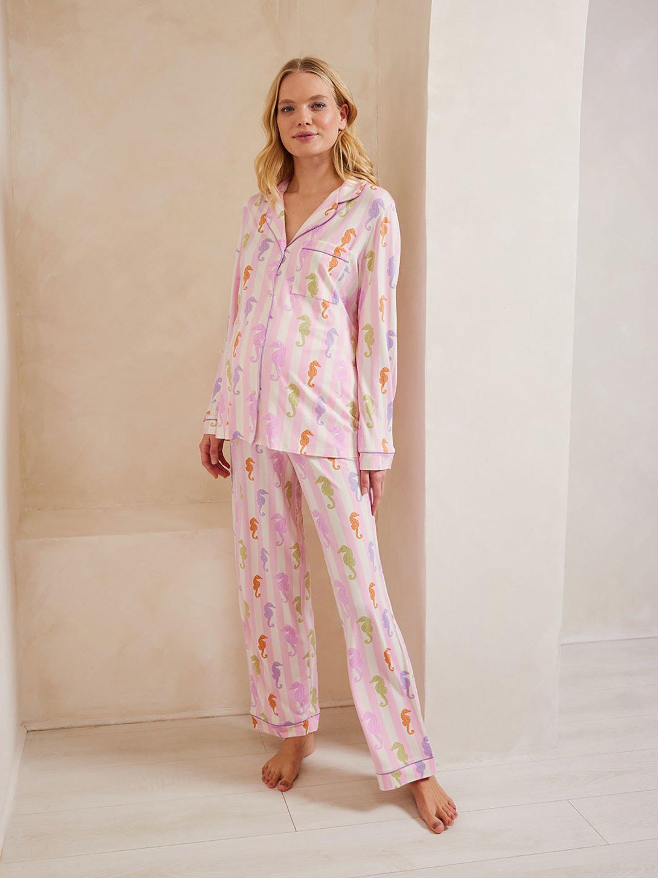 Image of CHELSEA PEERS Maternity Seahorse Print Stripe Pyjama Set - Seahorse Print